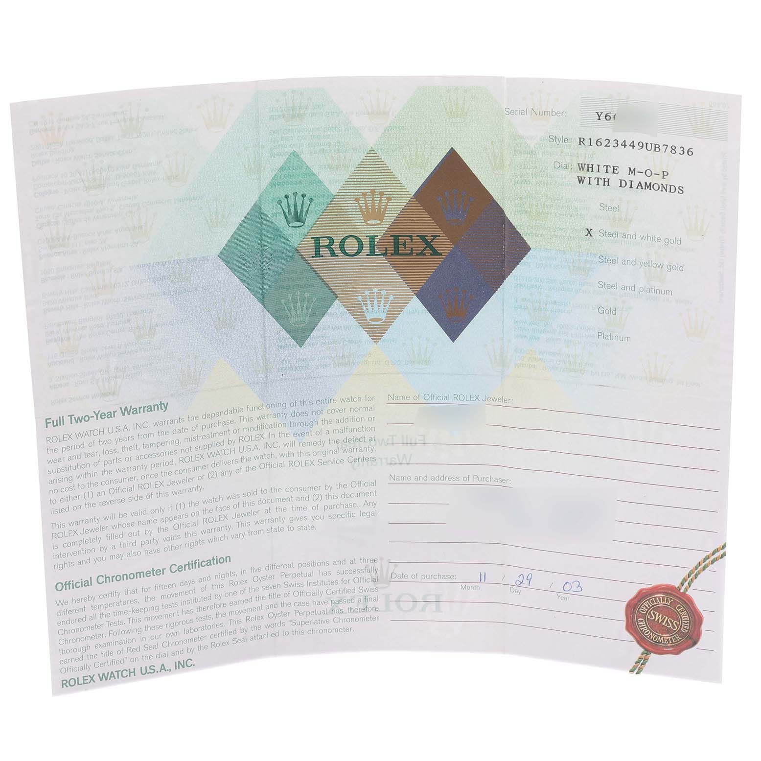 The image shows the warranty and certification papers for a Rolex Datejust 16234G Men's Stainless Steel Mother of Pearl Dial 16234G Men's Stainless Steel Mother of Pearl Dial watch, with details and logos.