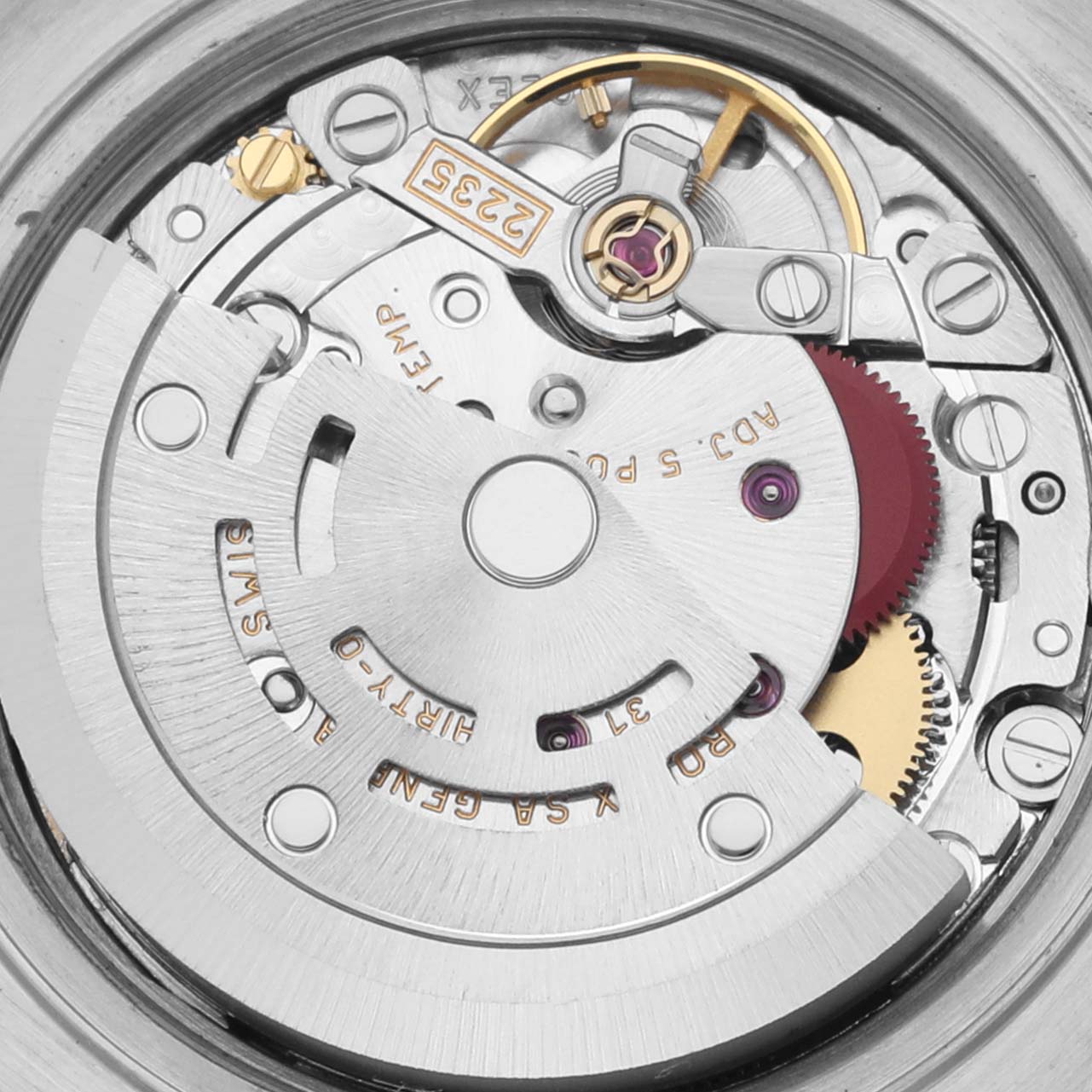 The image shows the intricate movement and internal mechanism of a Rolex Datejust 79174 Women's Stainless Steel Silver Dial 79174 Women's Stainless Steel Silver Dial watch, viewed from a top-down angle.