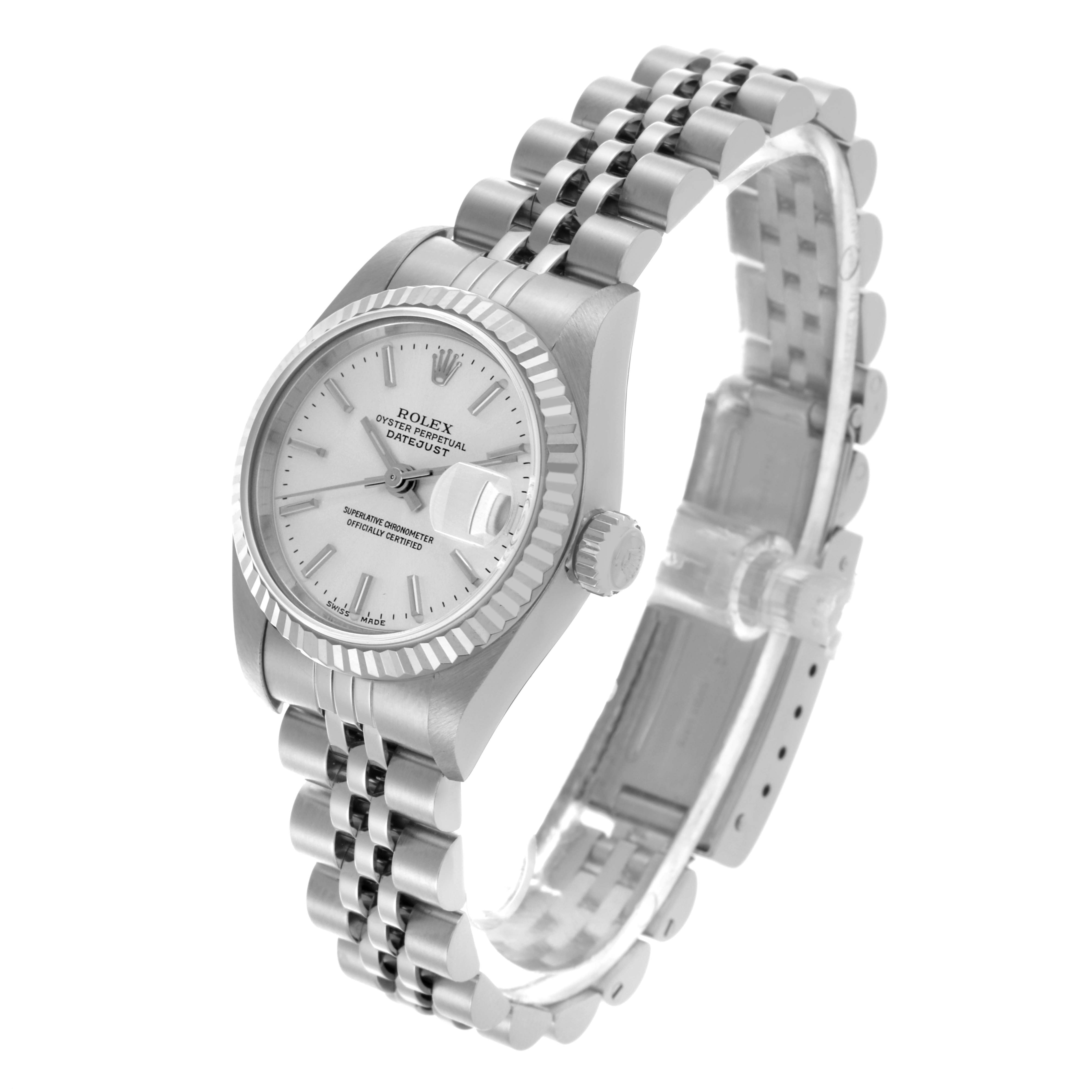 The Rolex Datejust 79174 Women's Stainless Steel Silver Dial 79174 Women's Stainless Steel Silver Dial watch is shown at a three-quarter angle, displaying the face, bezel, crown, and bracelet.
