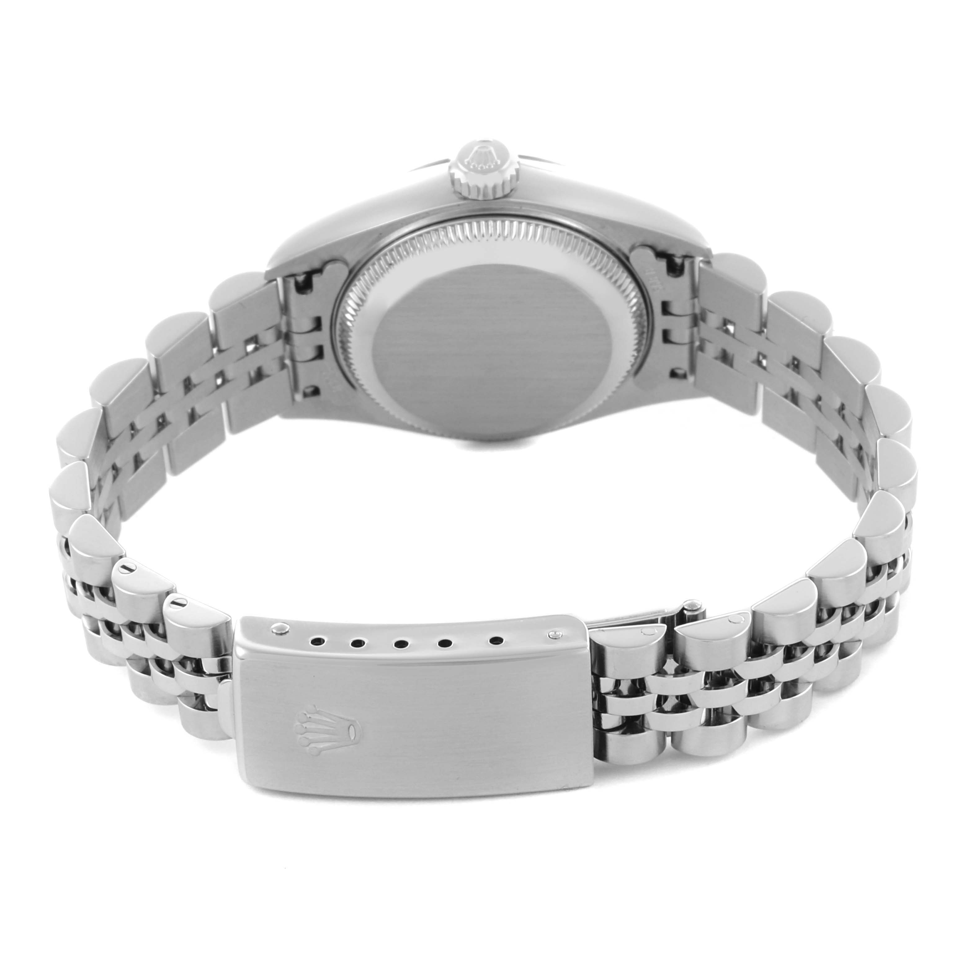 The image shows the back of the Rolex Datejust 79174 Women's Stainless Steel Silver Dial 79174 Women's Stainless Steel Silver Dial, displaying its case back and Jubilee bracelet with clasp.