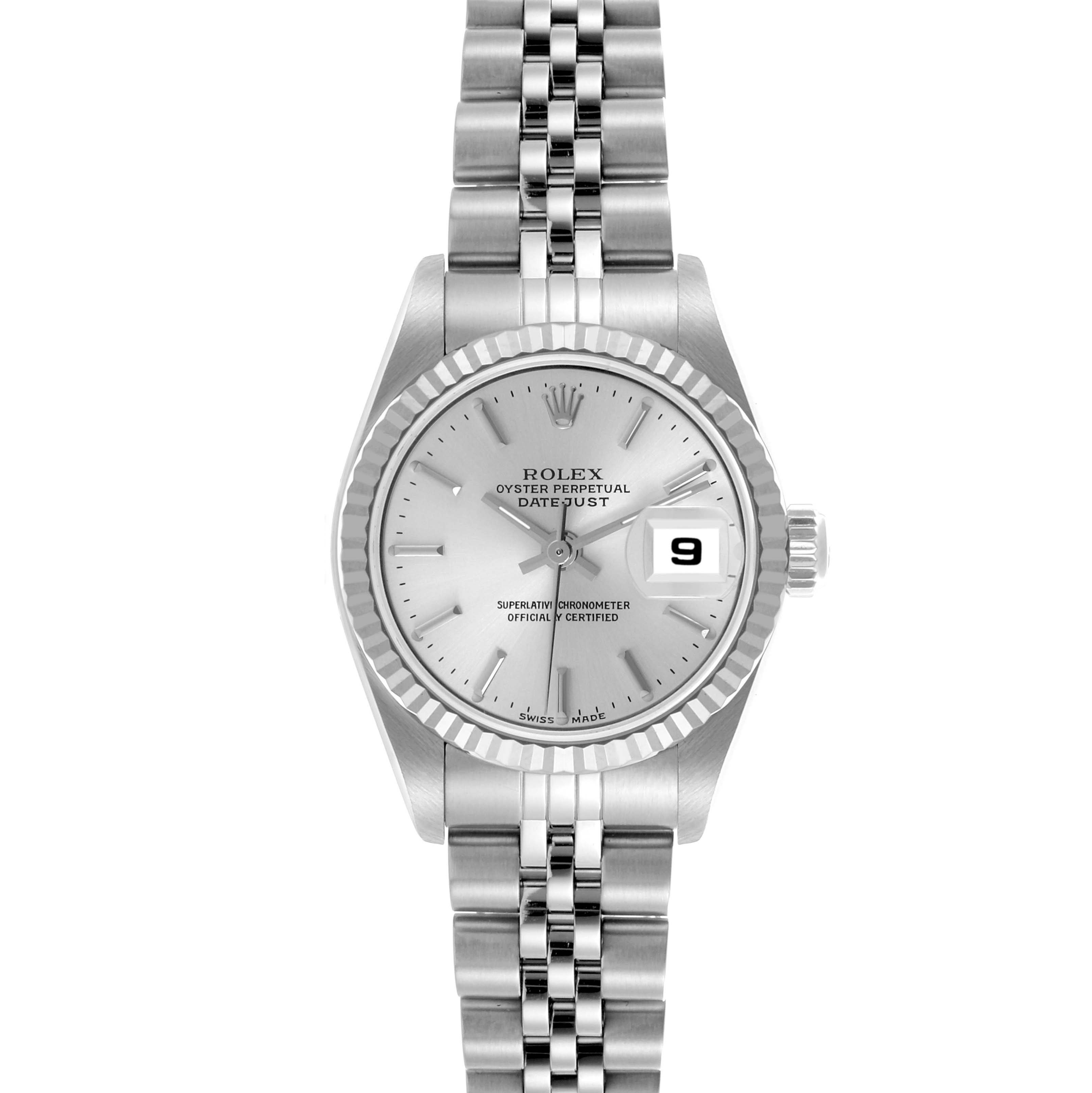The Rolex Datejust 79174 Women's Stainless Steel Silver Dial 79174 Women's Stainless Steel Silver Dial is shown from a top-down angle, highlighting the dial, bezel, bracelet, and date window.