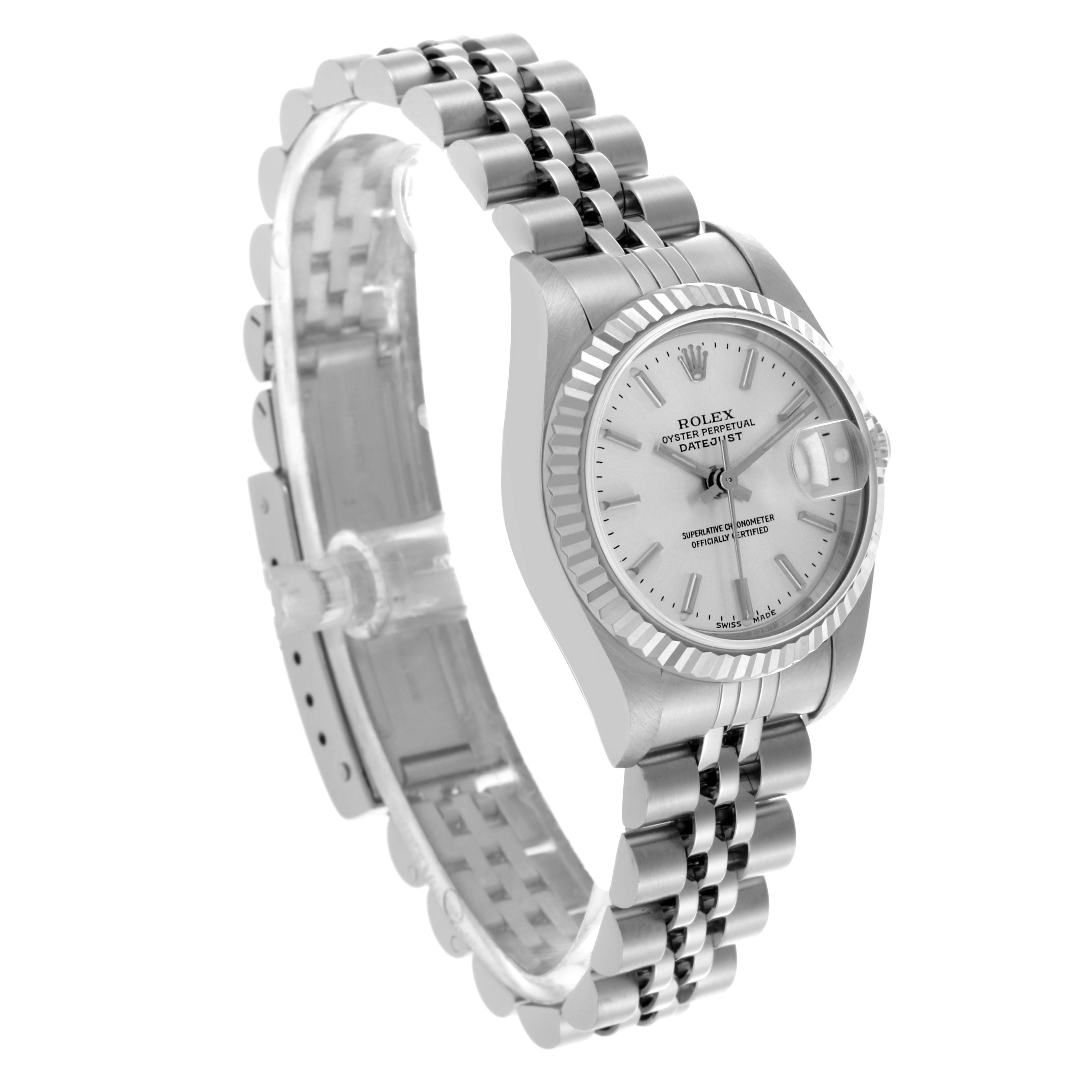 The Rolex Datejust 79174 Women's Stainless Steel Silver Dial 79174 Women's Stainless Steel Silver Dial watch is shown at an angled side view, highlighting the face, bezel, and Jubilee bracelet.
