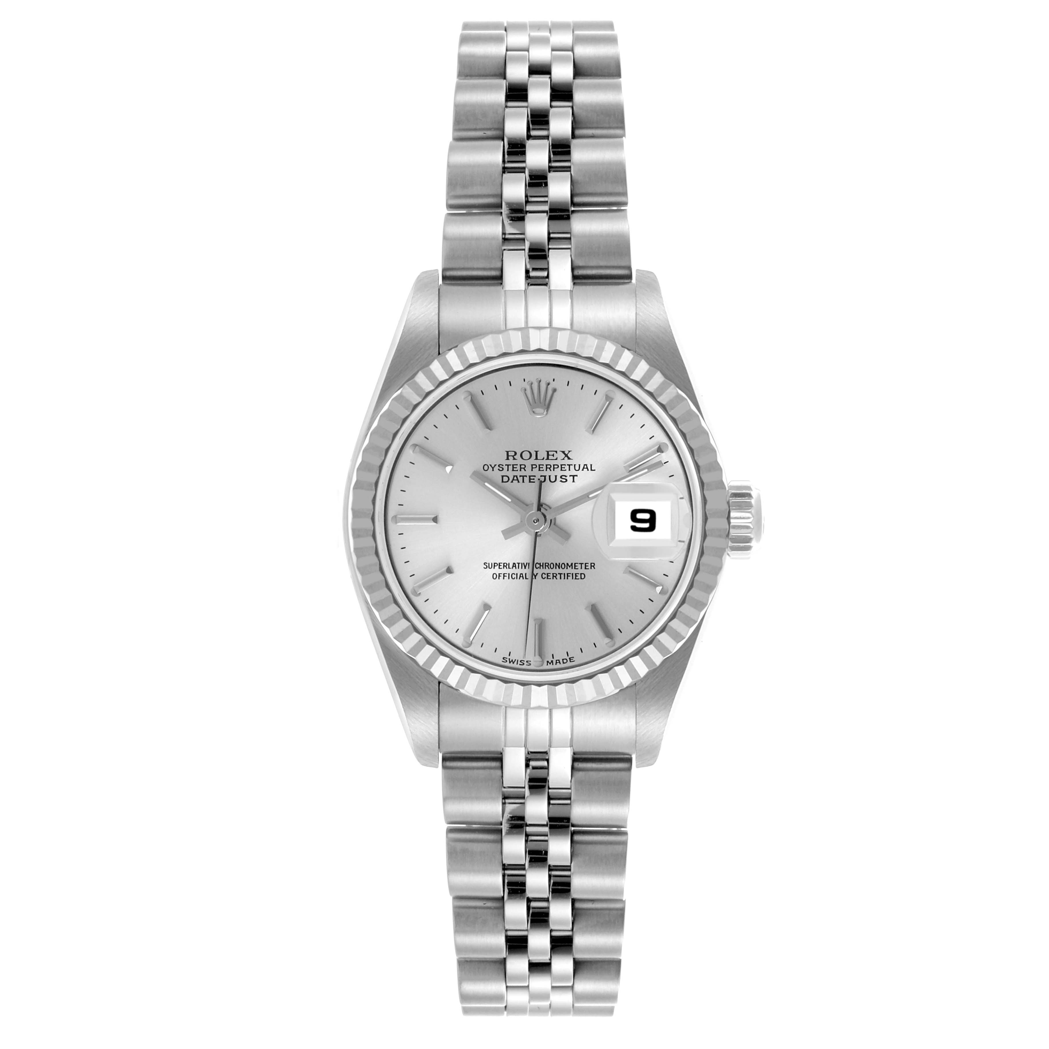 The Rolex Datejust 79174 Women's Stainless Steel Silver Dial 79174 Women's Stainless Steel Silver Dial watch is shown from a front angle, highlighting the dial, bezel, bracelet, and date window.