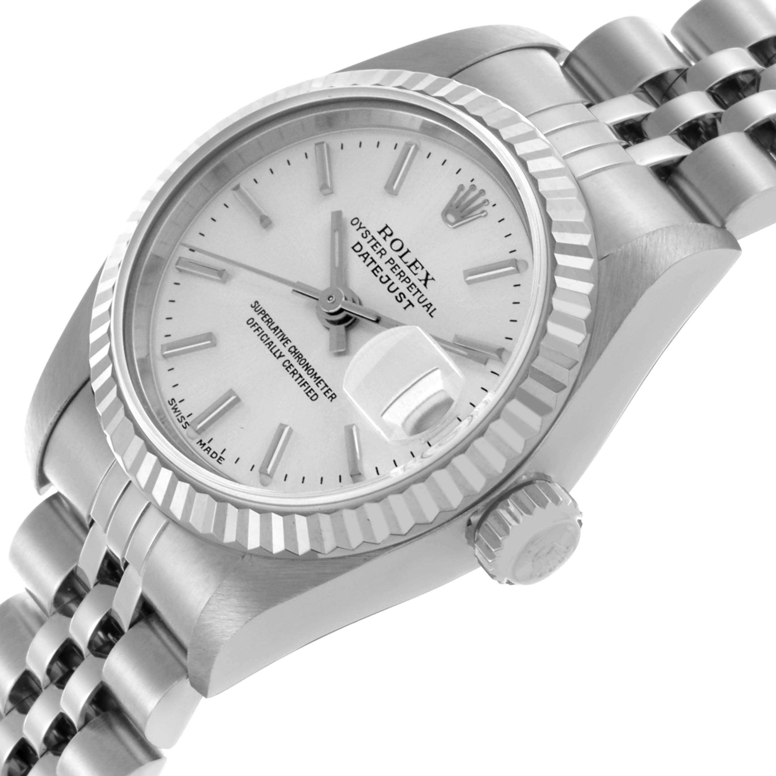 The Rolex Datejust 79174 Women's Stainless Steel Silver Dial 79174 Women's Stainless Steel Silver Dial watch is shown at an angled close-up with the face, bezel, crown, and part of the bracelet visible.