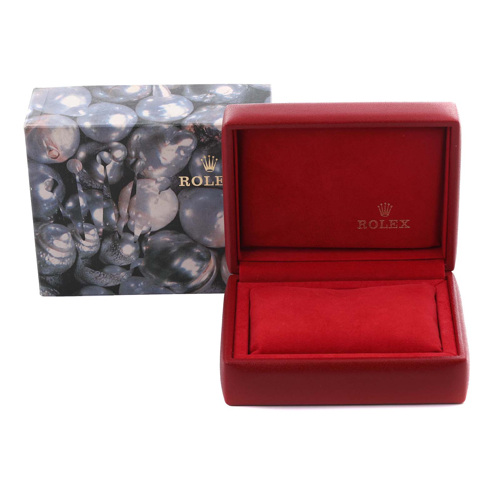 This image shows a red Rolex Datejust 79174 Women's Stainless Steel Silver Dial 79174 Women's Stainless Steel Silver Dial watch box and decorative outer box, both viewed from the front.