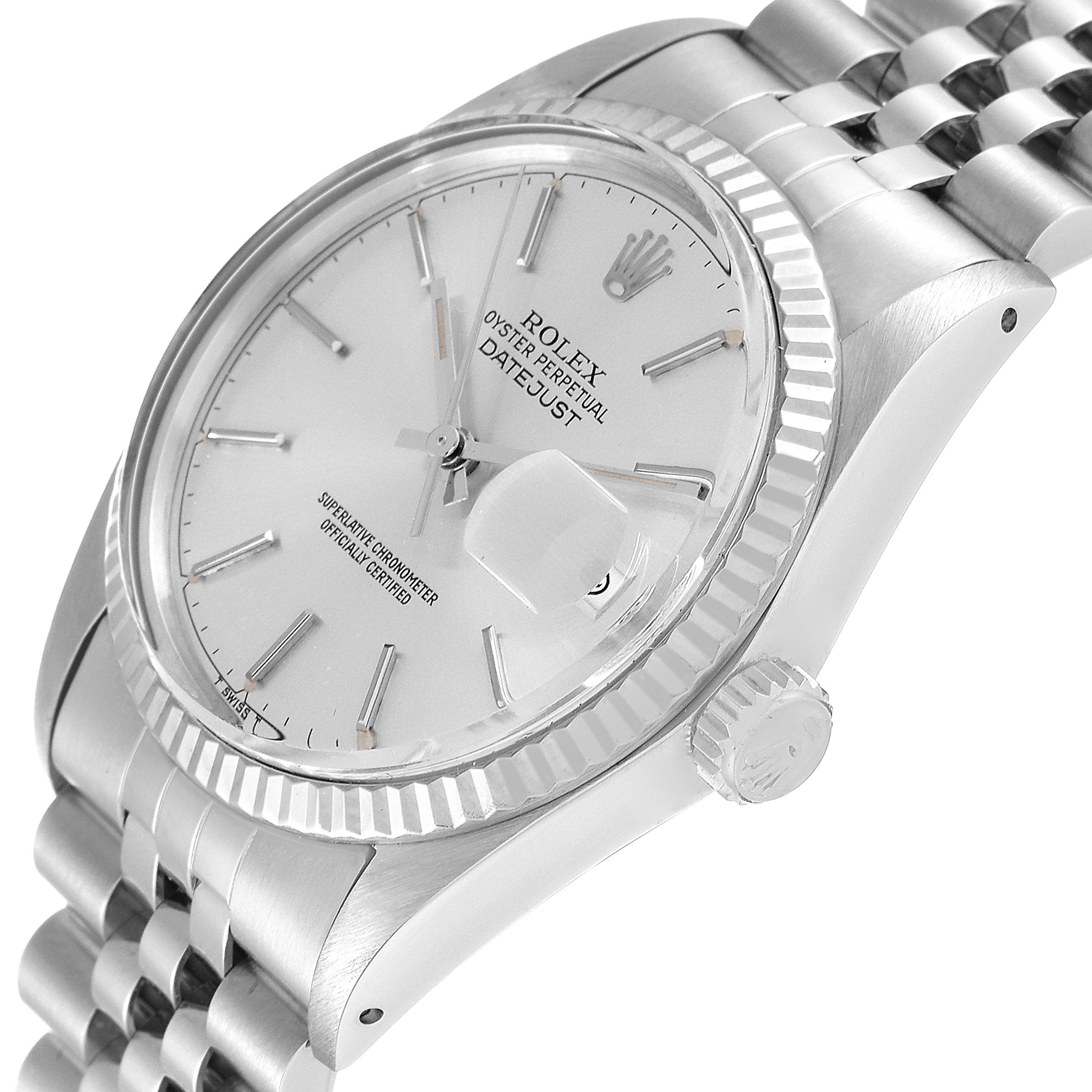 The image shows a close-up angle of the face, bezel, and bracelet of a Rolex Vintage Collection 16014 Men
s Stainless Steel Silver Dial 16014 Men
s Stainless Steel Silver Dial Datejust watch.