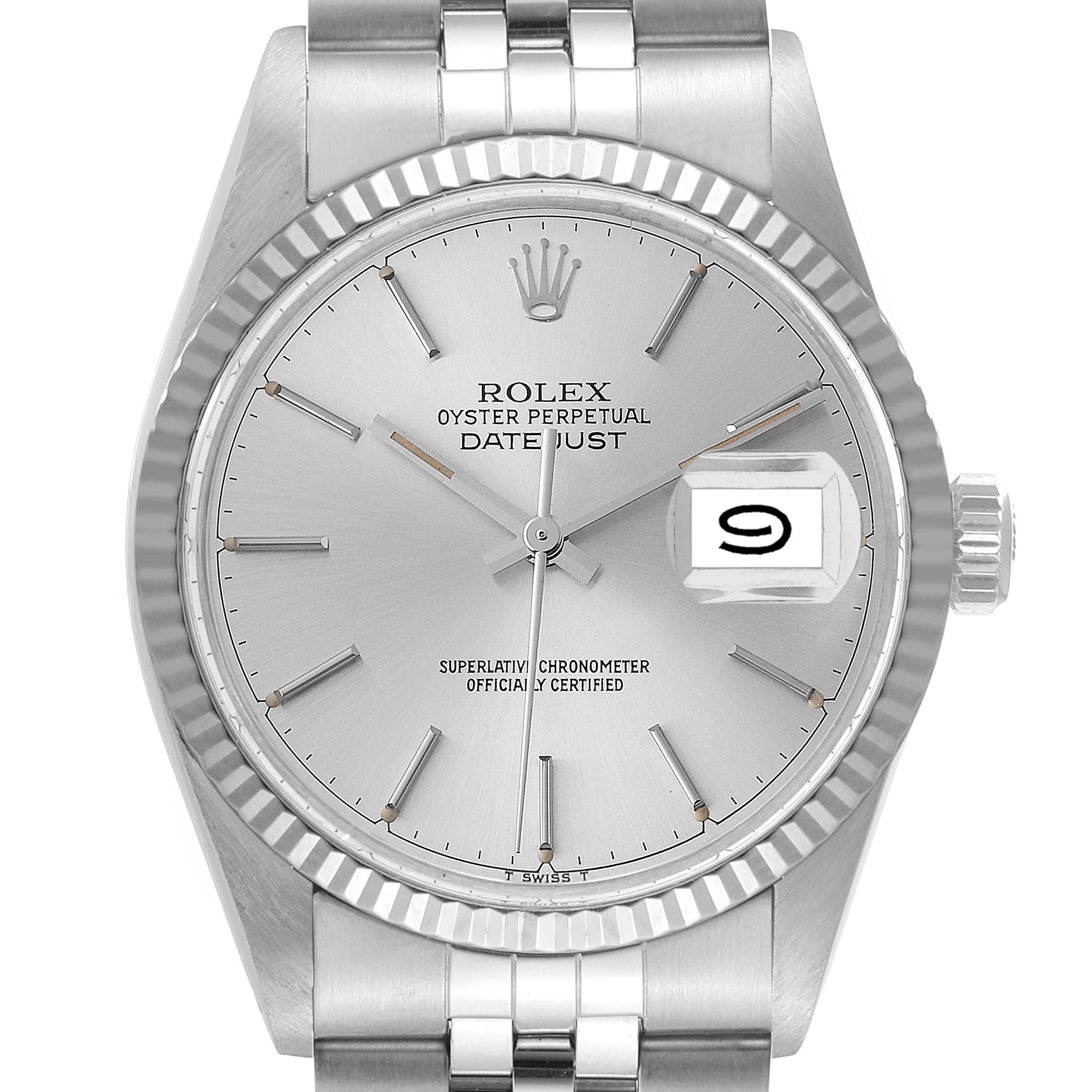 The image shows a front view of a Rolex Vintage Collection 16014 Men
s Stainless Steel Silver Dial 16014 Men
s Stainless Steel Silver Dial Oyster Perpetual Datejust watch, highlighting its face, bracelet, and bezel.