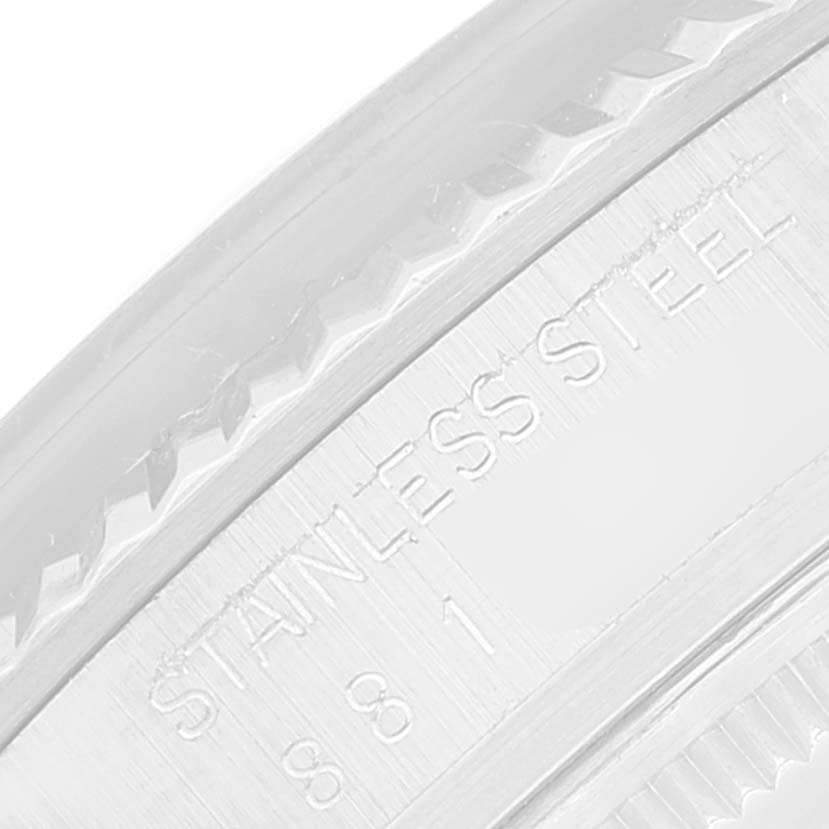 This close-up image shows the engraved text "STAINLESS STEEL 881" on the case of a Rolex Vintage Collection 16014 Men
s Stainless Steel Silver Dial 16014 Men
s Stainless Steel Silver Dial watch.