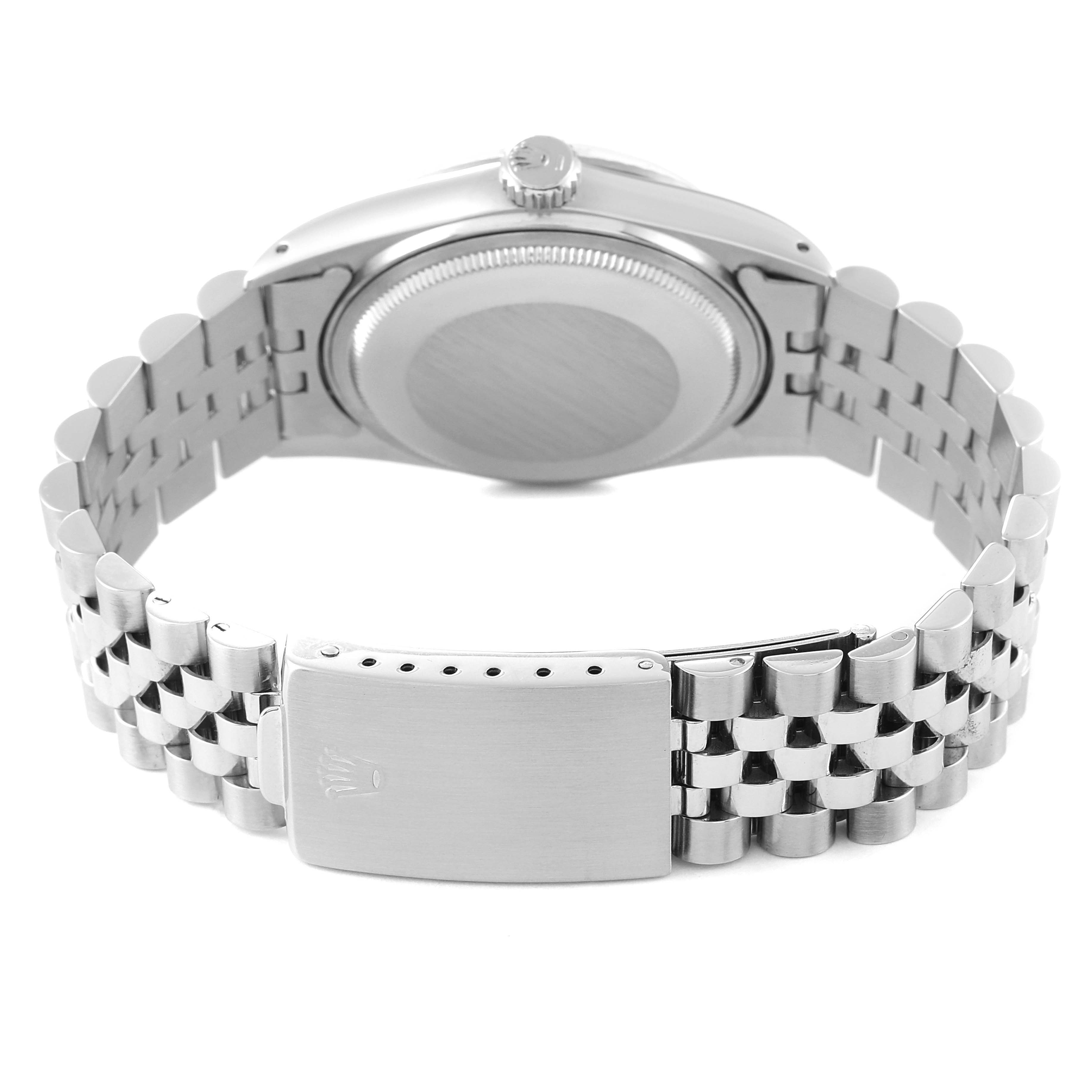 The image shows the back view of a Rolex Vintage Collection 16014 Men
s Stainless Steel Silver Dial 16014 Men
s Stainless Steel Silver Dial watch, highlighting the clasp, bracelet, and case back.