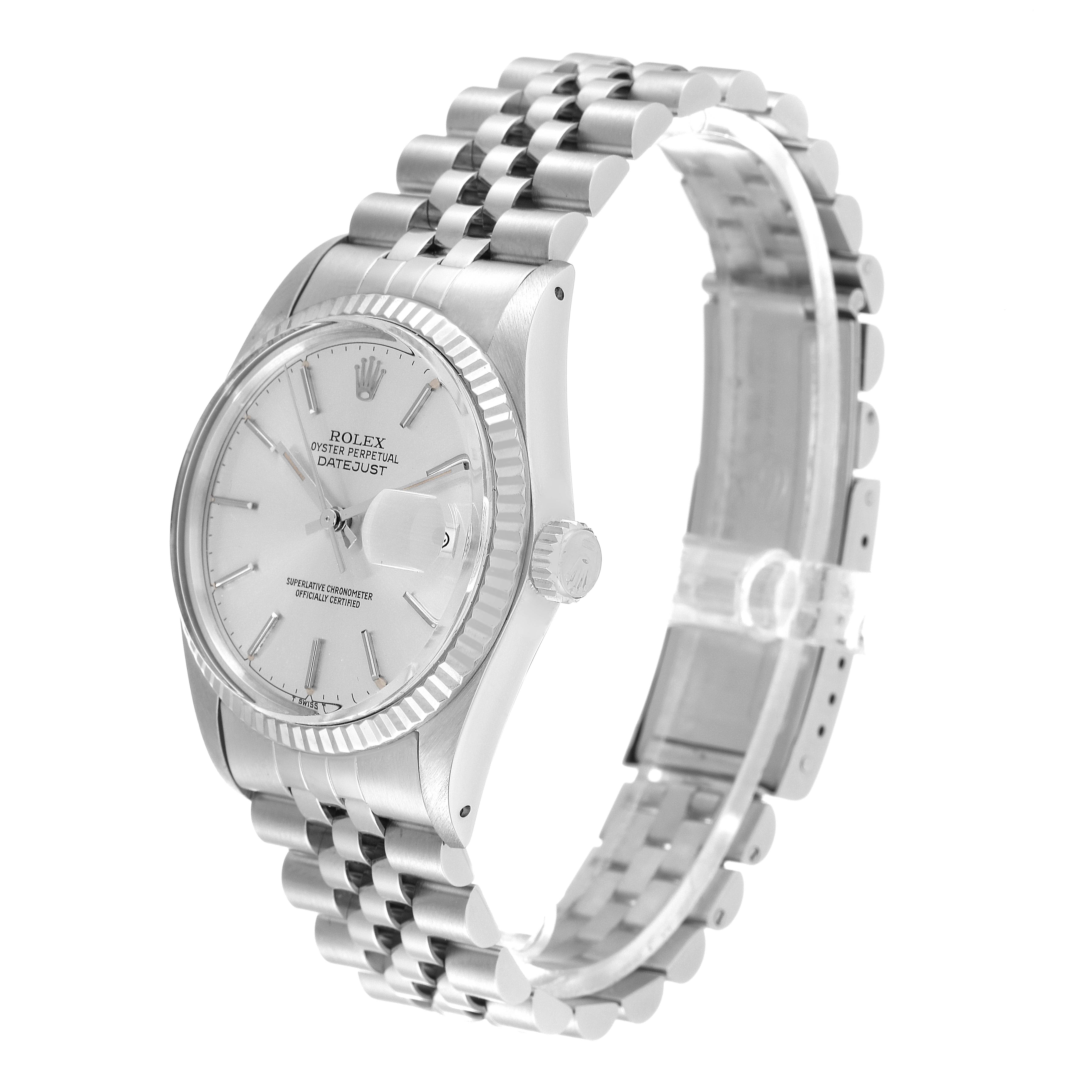 The image shows a Rolex Vintage Collection 16014 Men
s Stainless Steel Silver Dial 16014 Men
s Stainless Steel Silver Dial watch, model Datejust, from a side angle, displaying the dial, bezel, and bracelet.