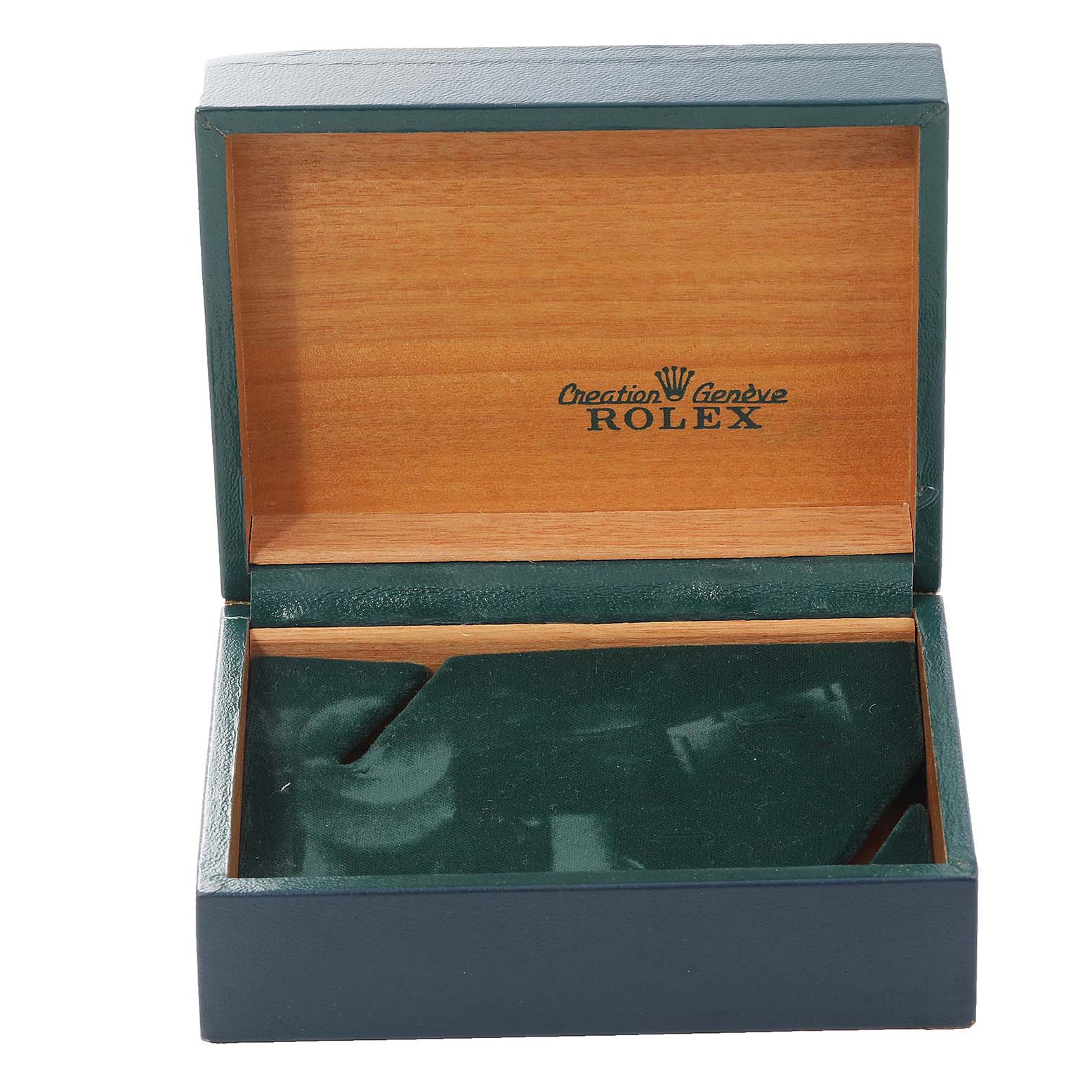 The image shows an open wooden box for the Vintage Collection model by Rolex, featuring a green interior.