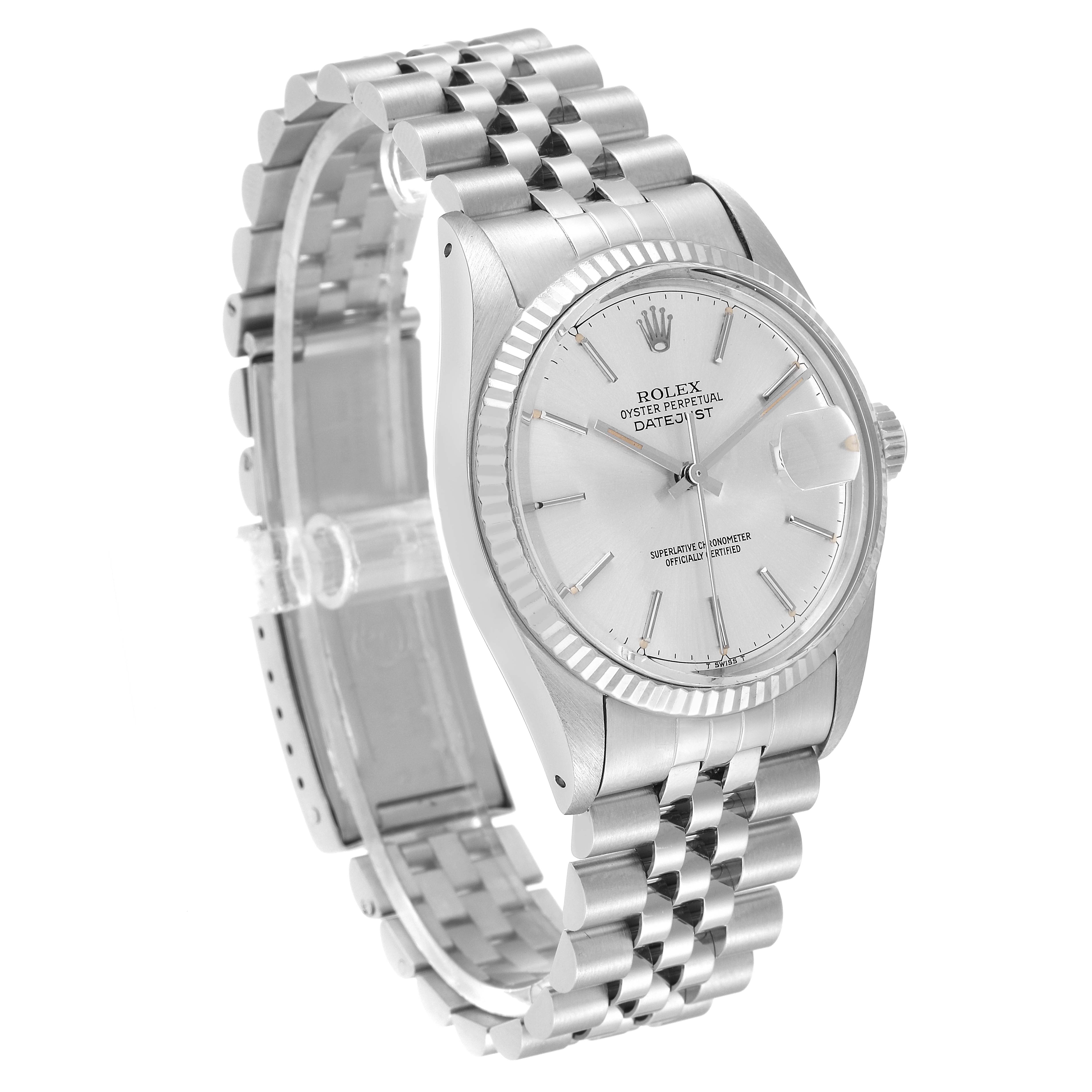 This Rolex Vintage Collection 16014 Men
s Stainless Steel Silver Dial 16014 Men
s Stainless Steel Silver Dial model is shown at a three-quarter angle, highlighting the watch face, bezel, and bracelet.