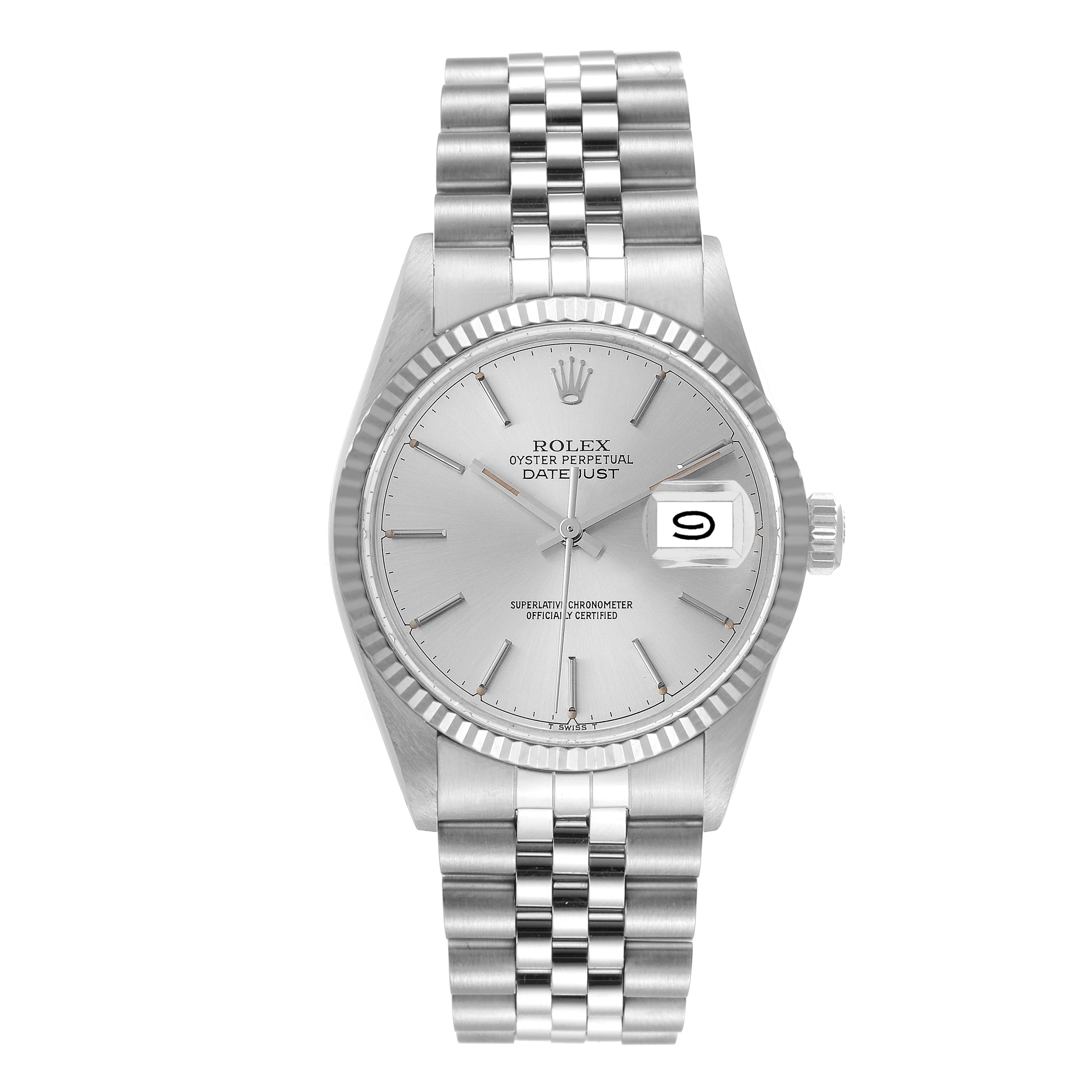 The image shows a front view of the Rolex Vintage Collection 16014 Men
s Stainless Steel Silver Dial 16014 Men
s Stainless Steel Silver Dial model with its entire face and bracelet visible.