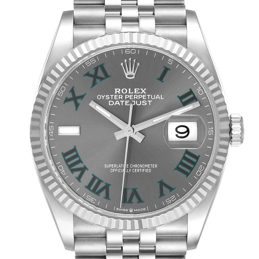 This image shows a front view of the Rolex Datejust, displaying the dial, fluted bezel, date window, and Jubilee bracelet.