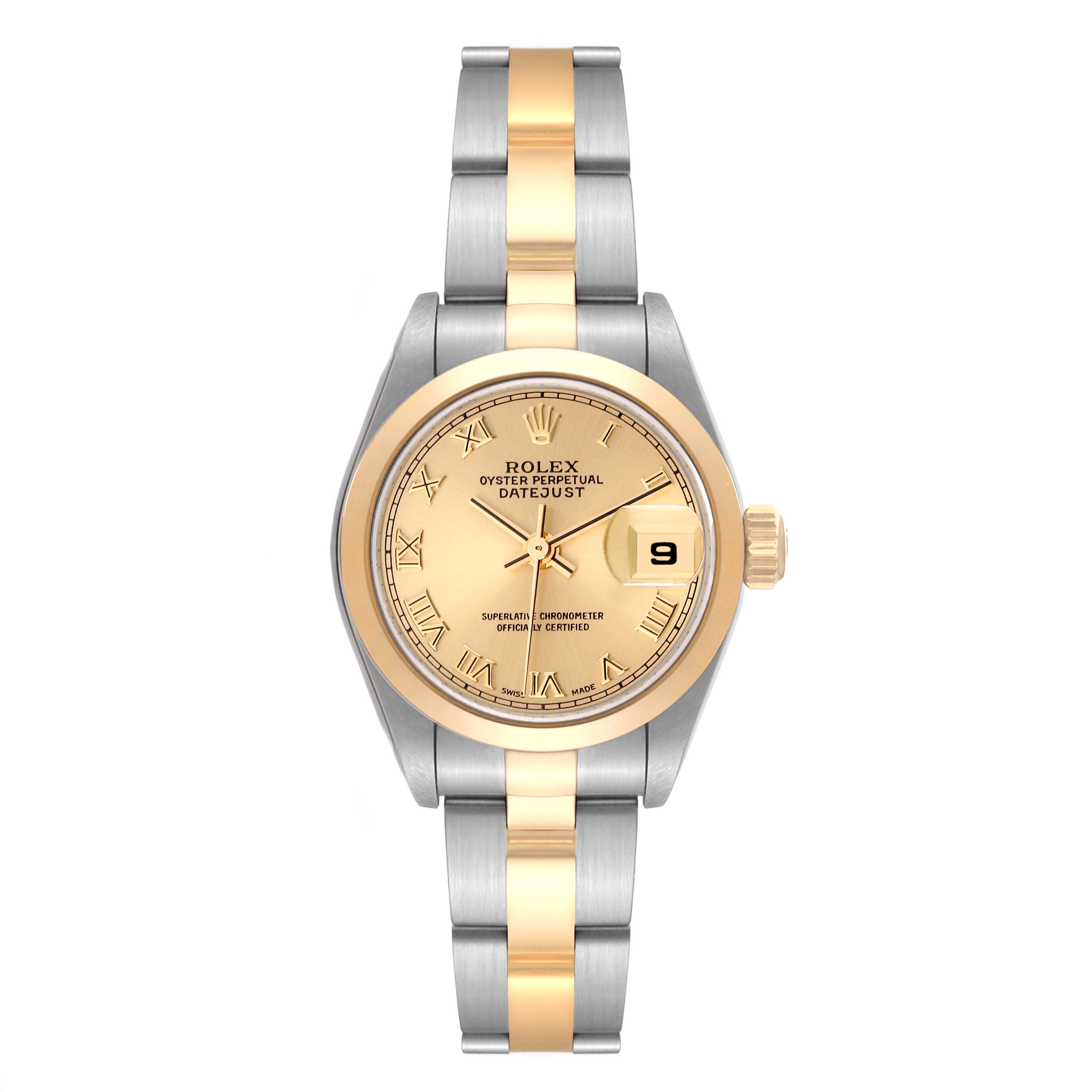 This is a front view of a Rolex Datejust 79163 Women's Steel and Gold (two tone) Champagne Dial 79163 Women's Steel and Gold (two tone) Champagne Dial watch, showcasing its dial, case, and bracelet.