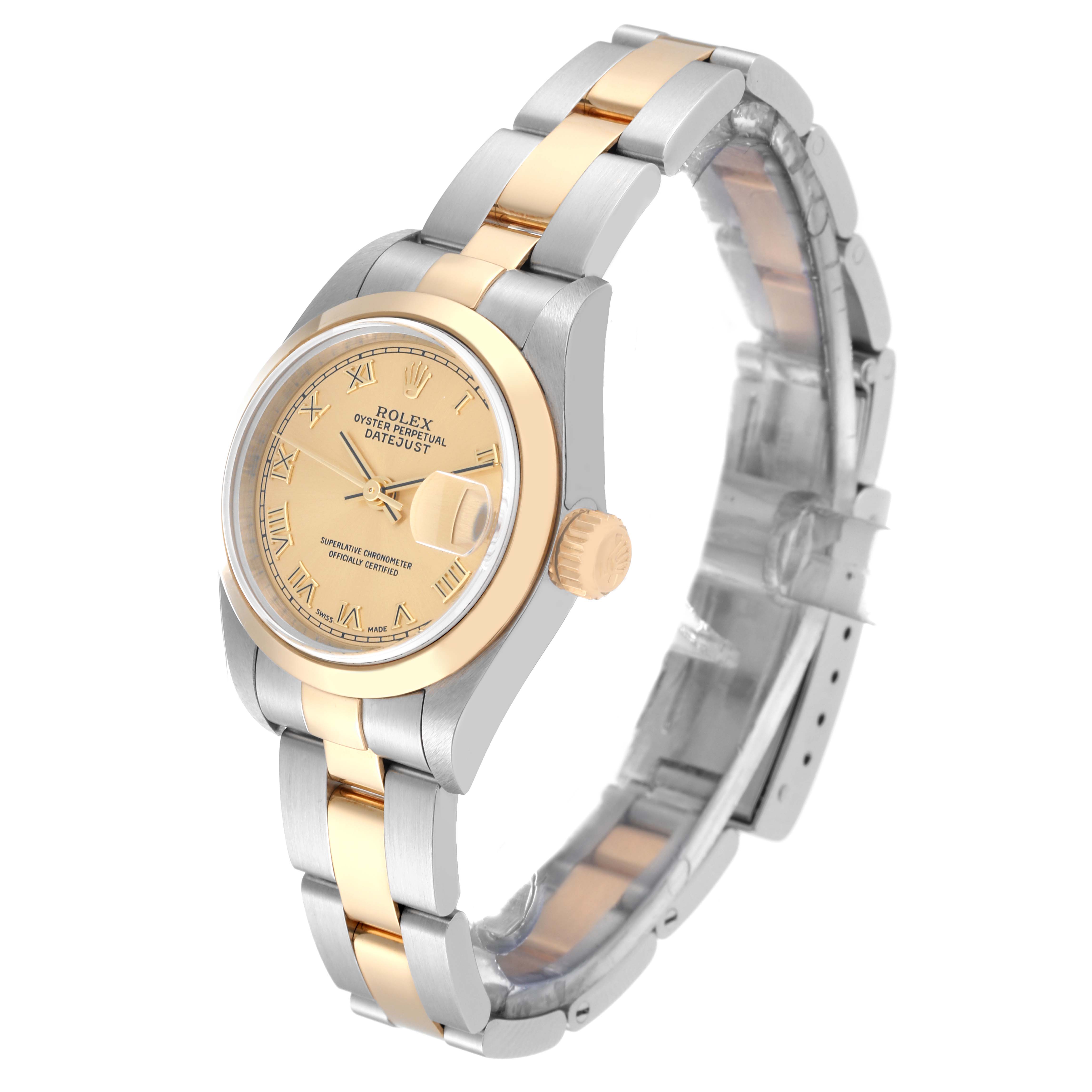 The image shows a Rolex Datejust 79163 Women's Steel and Gold (two tone) Champagne Dial 79163 Women's Steel and Gold (two tone) Champagne Dial watch at a three-quarter angle, highlighting the dial, bezel, crown, and bracelet.