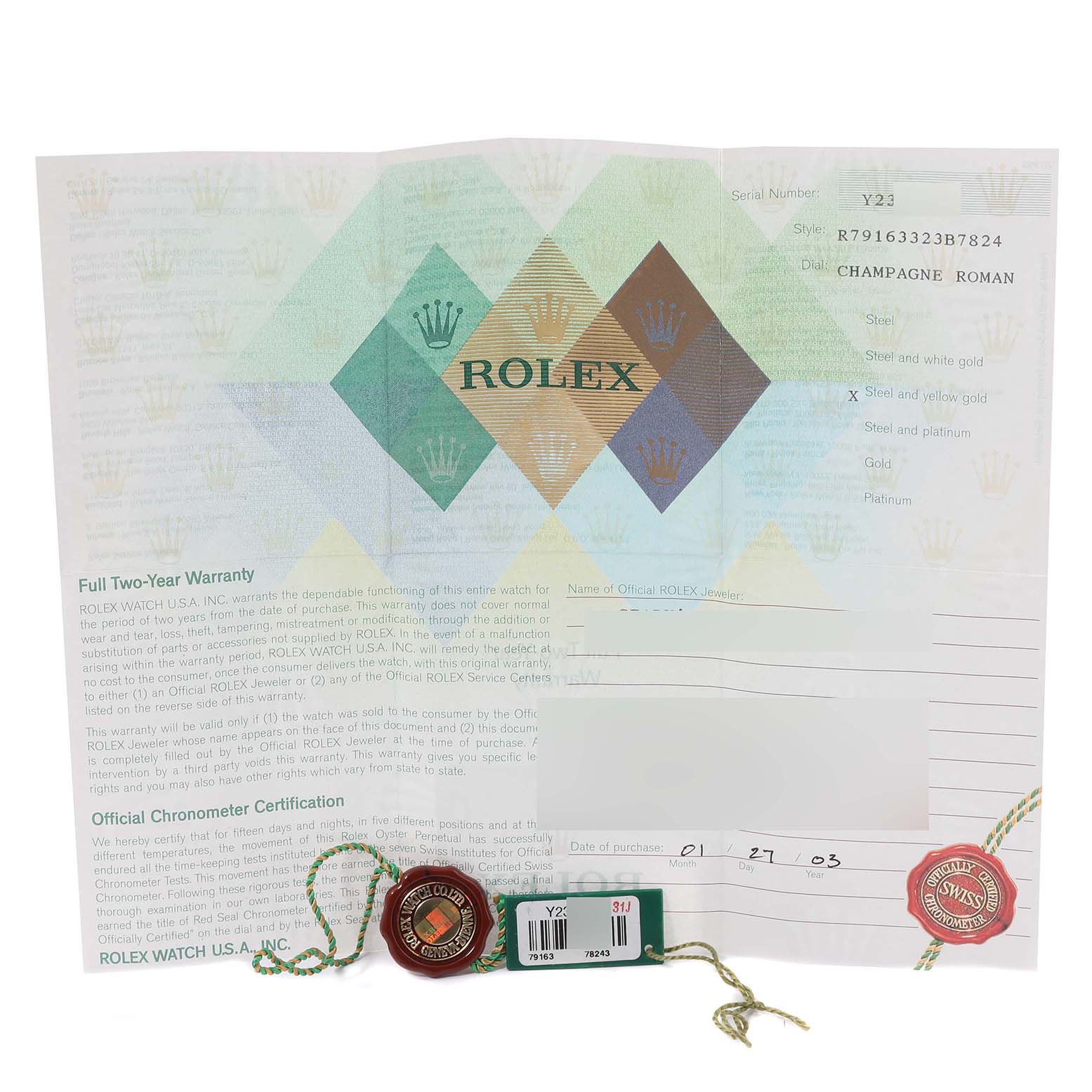 The image shows official documentation and tags for a Rolex Datejust 79163 Women's Steel and Gold (two tone) Champagne Dial 79163 Women's Steel and Gold (two tone) Champagne Dial watch, including warranty papers and certification tags.