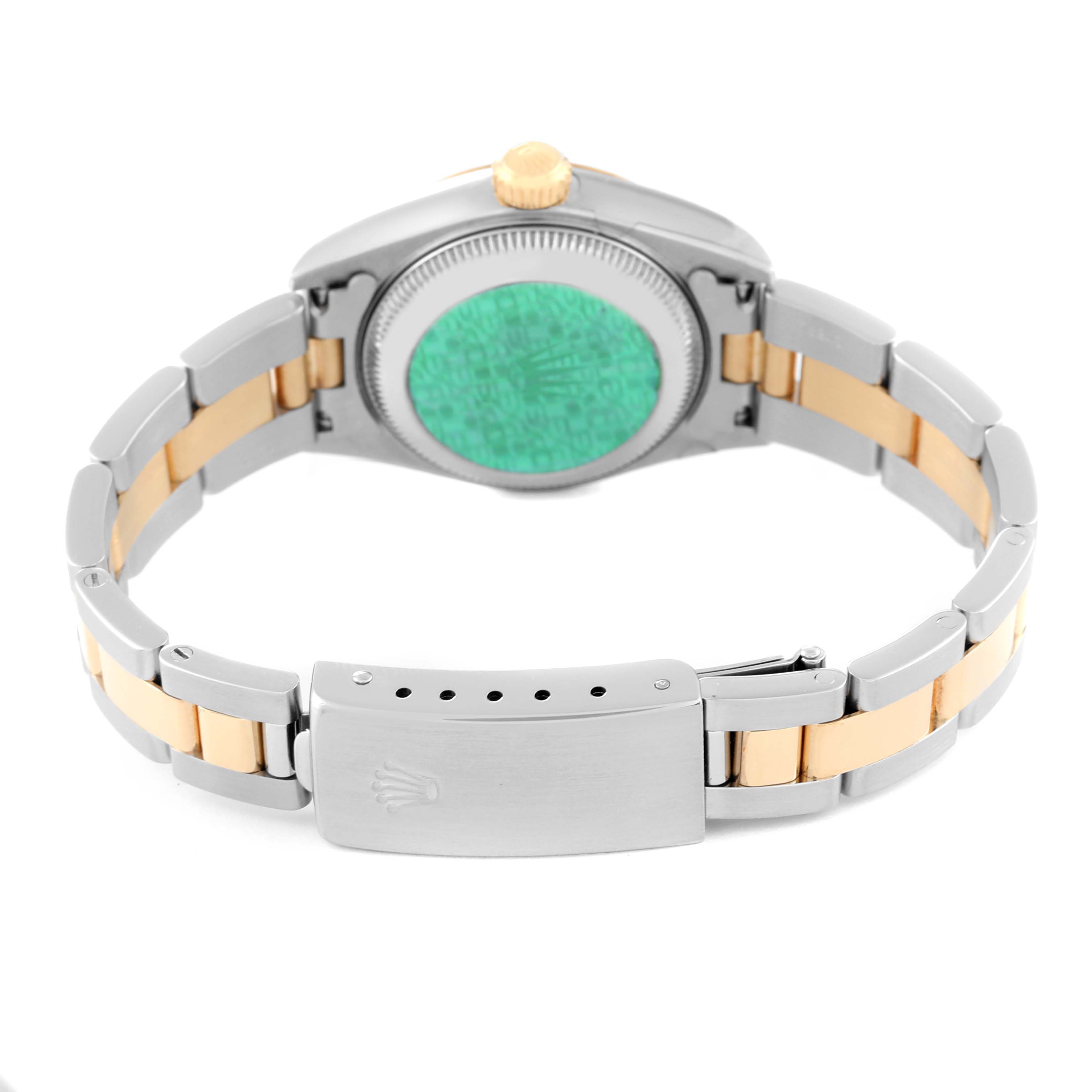 The image shows the rear view of a Rolex Datejust 79163 Women's Steel and Gold (two tone) Champagne Dial 79163 Women's Steel and Gold (two tone) Champagne Dial watch, highlighting the case back, crown, and part of the bracelet with the clasp.