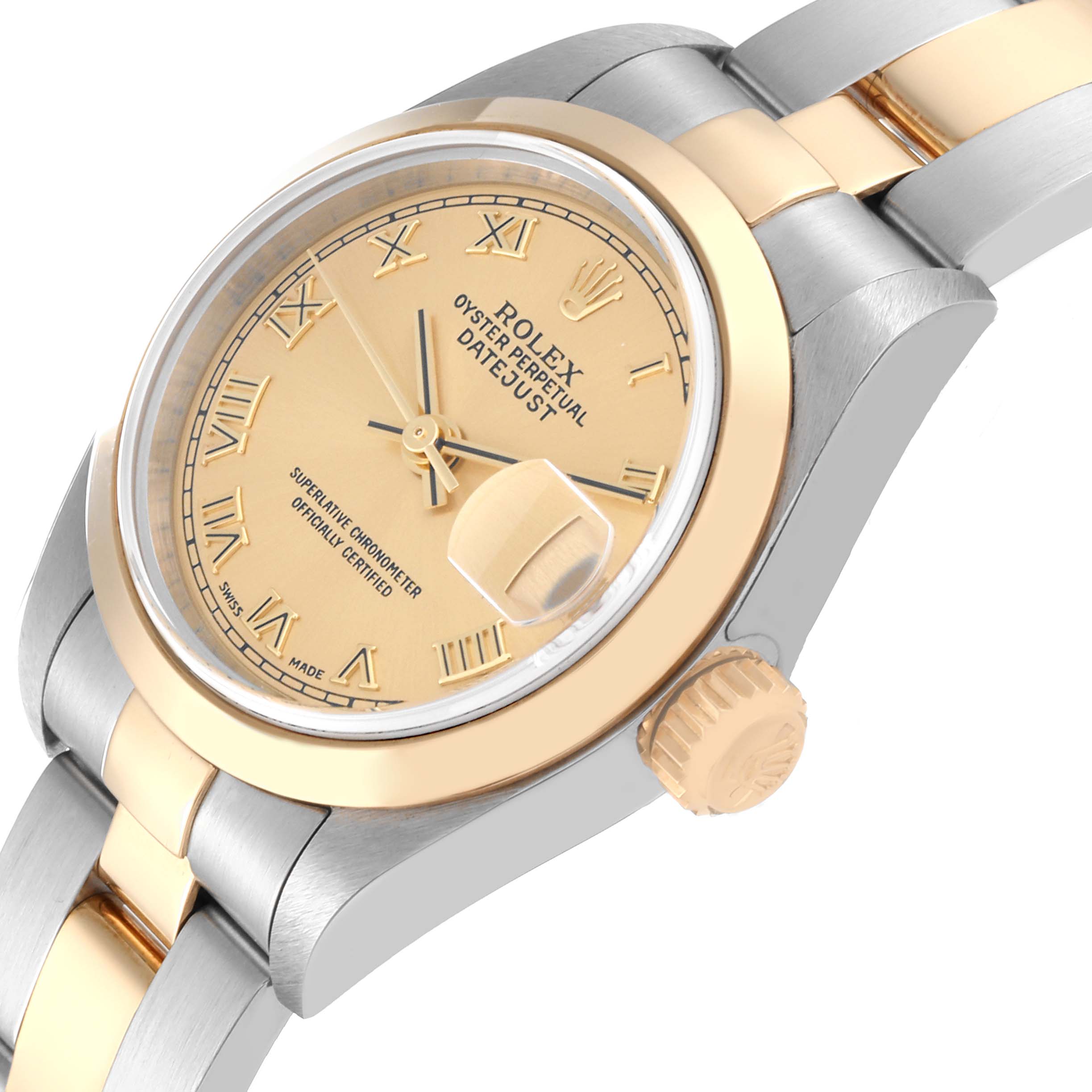 The image shows a side view of the Rolex Datejust 79163 Women's Steel and Gold (two tone) Champagne Dial 79163 Women's Steel and Gold (two tone) Champagne Dial, highlighting the gold and silver bracelet, crown, and dial with Roman numerals.