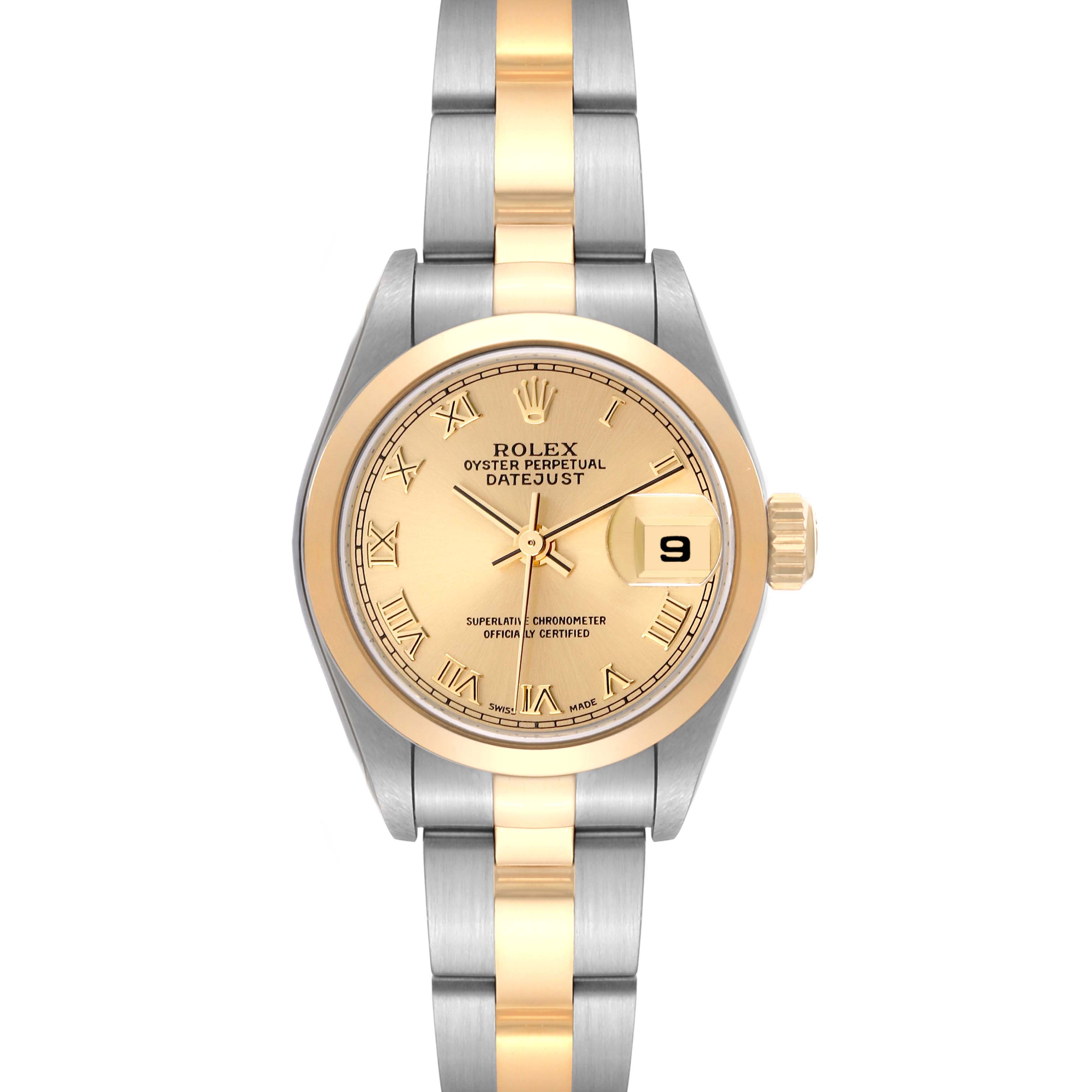 This image shows a front view of a Rolex Datejust 79163 Women's Steel and Gold (two tone) Champagne Dial 79163 Women's Steel and Gold (two tone) Champagne Dial watch, highlighting the two-tone bracelet, gold dial, and date display.