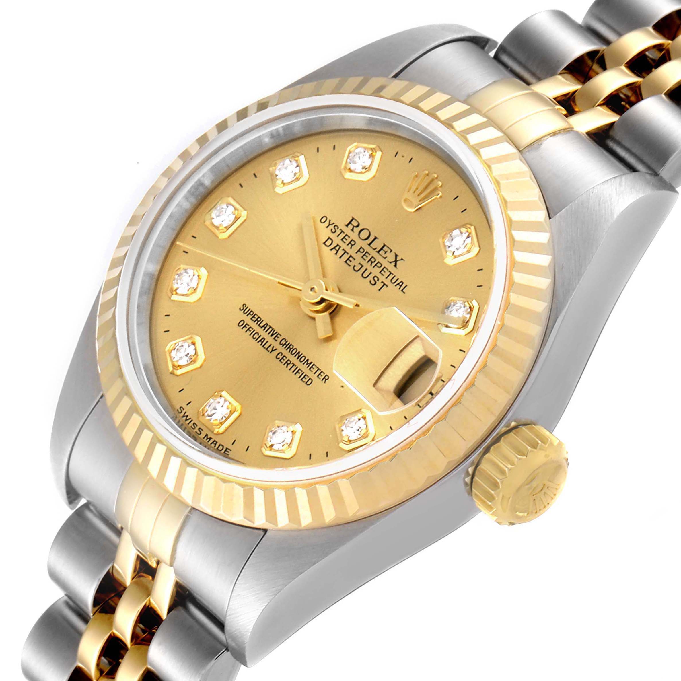 The image shows a close-up angle of a Rolex Datejust 79173 Women
s Steel and Gold (two tone) Champagne Dial 79173 Women
s Steel and Gold (two tone) Champagne Dial watch face, bezel, crown, and part of the bracelet.
