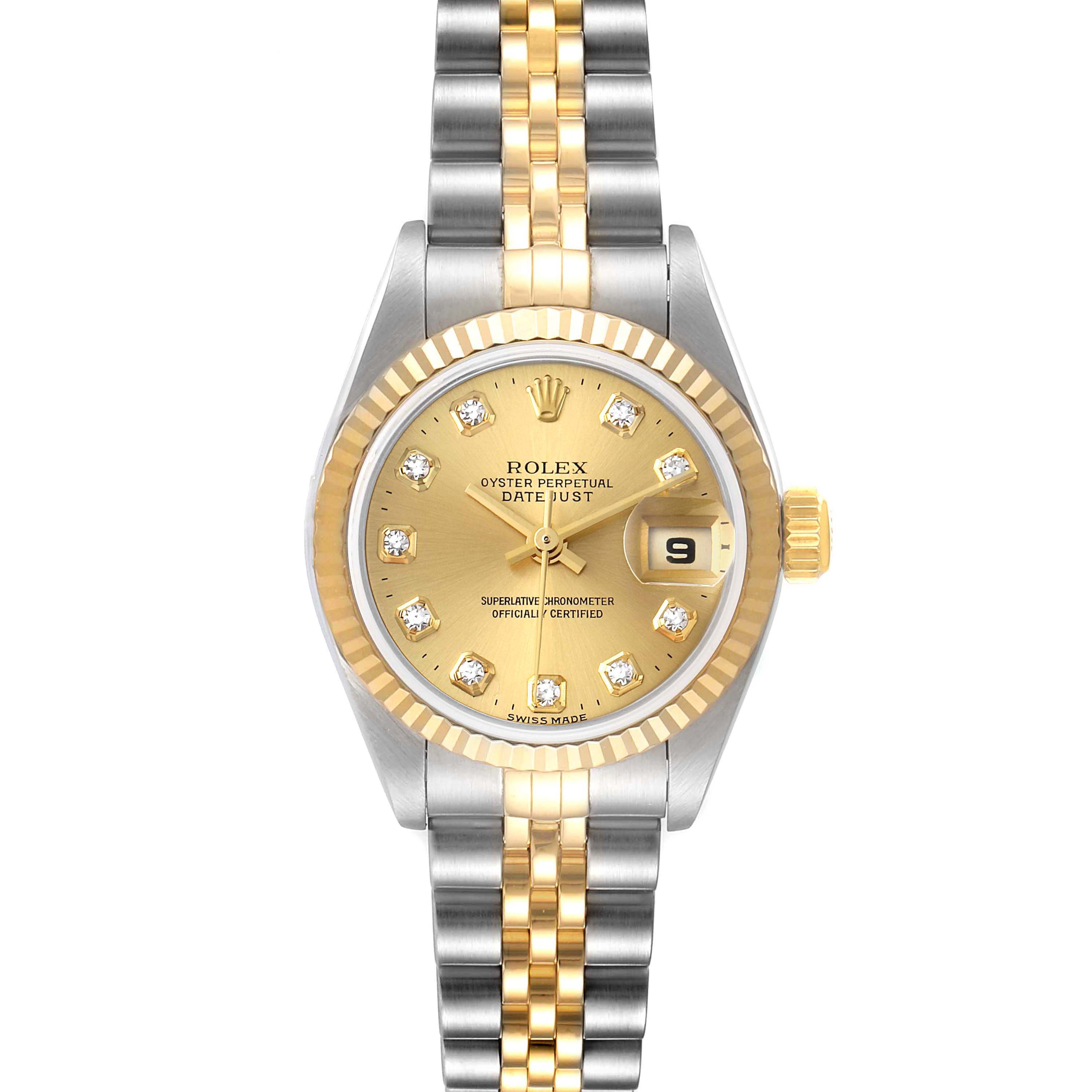 The image shows a frontal view of a Rolex Datejust 79173 Women
s Steel and Gold (two tone) Champagne Dial 79173 Women
s Steel and Gold (two tone) Champagne Dial watch with a two-tone bracelet, gold dial, and fluted bezel.