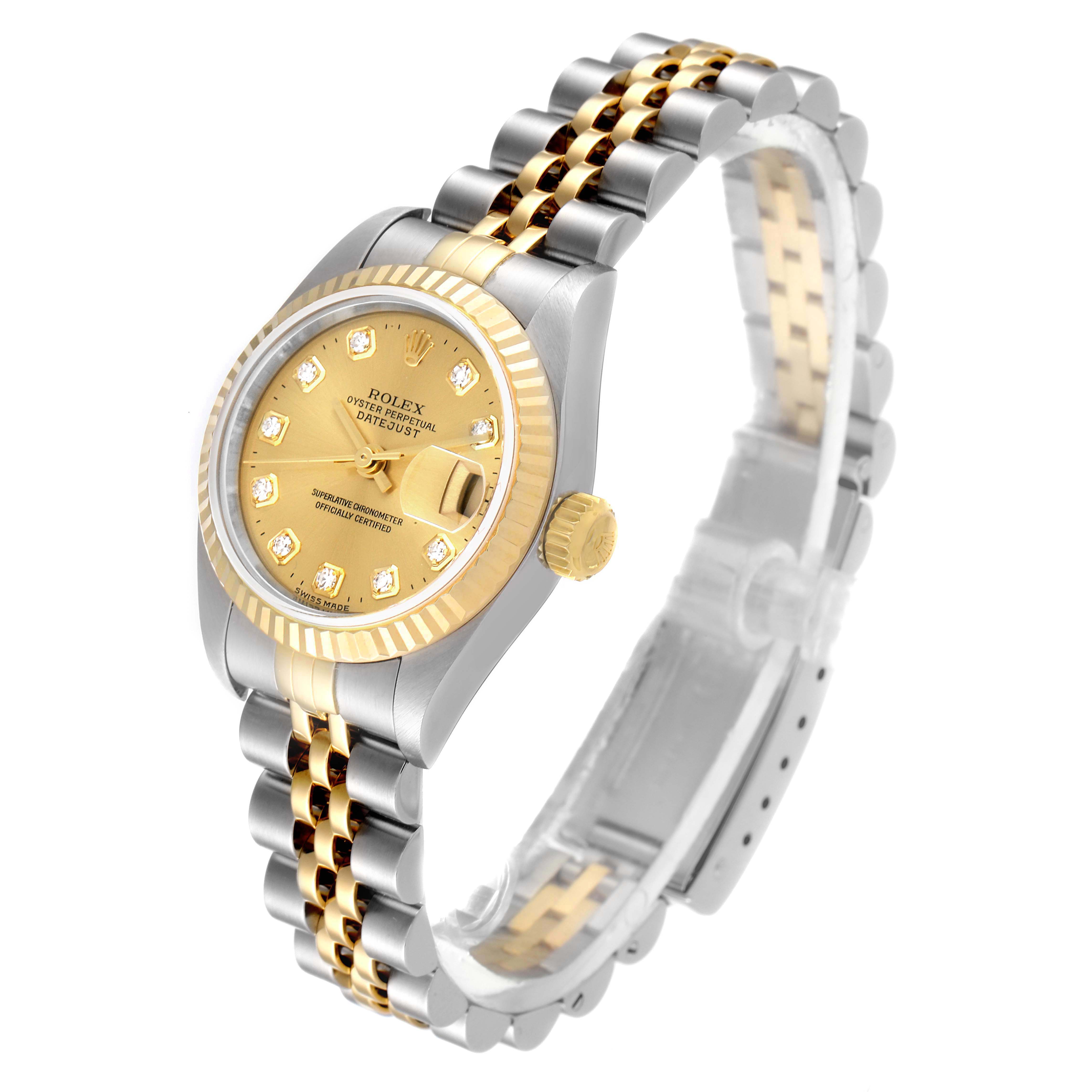 This image shows a side and front angle of a Rolex Datejust 79173 Women
s Steel and Gold (two tone) Champagne Dial 79173 Women
s Steel and Gold (two tone) Champagne Dial watch, highlighting its dial, bezel, and jubilee bracelet.