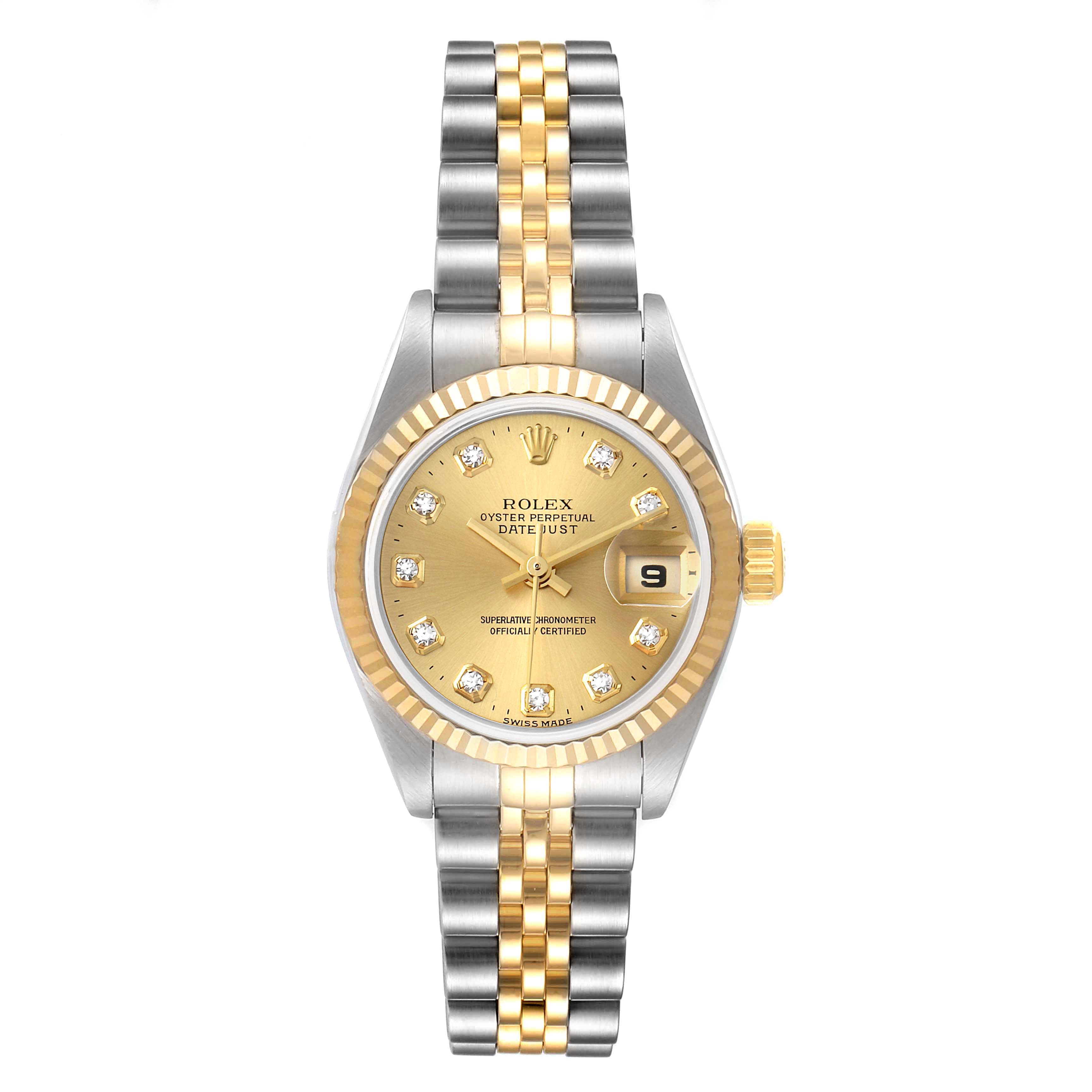 This Rolex Datejust 79173 Women
s Steel and Gold (two tone) Champagne Dial 79173 Women
s Steel and Gold (two tone) Champagne Dial watch is shown from a top-down angle, highlighting its dial, bezel, and two-tone bracelet.