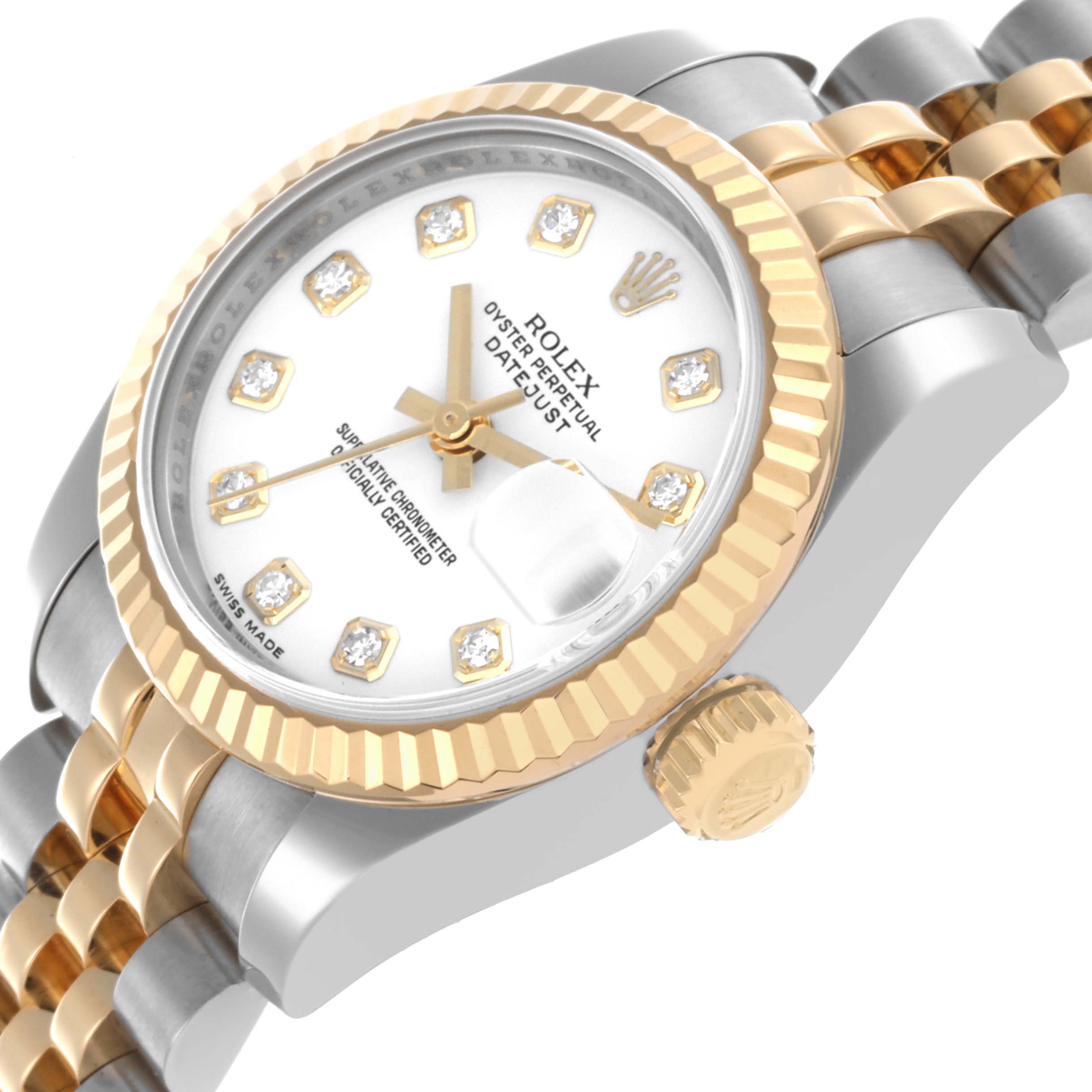 The Rolex Datejust 179173 Women
s Steel and Gold (two tone) White Dial 179173 Women
s Steel and Gold (two tone) White Dial watch is shown at an angle highlighting the face, bezel, crown, and part of the bracelet.