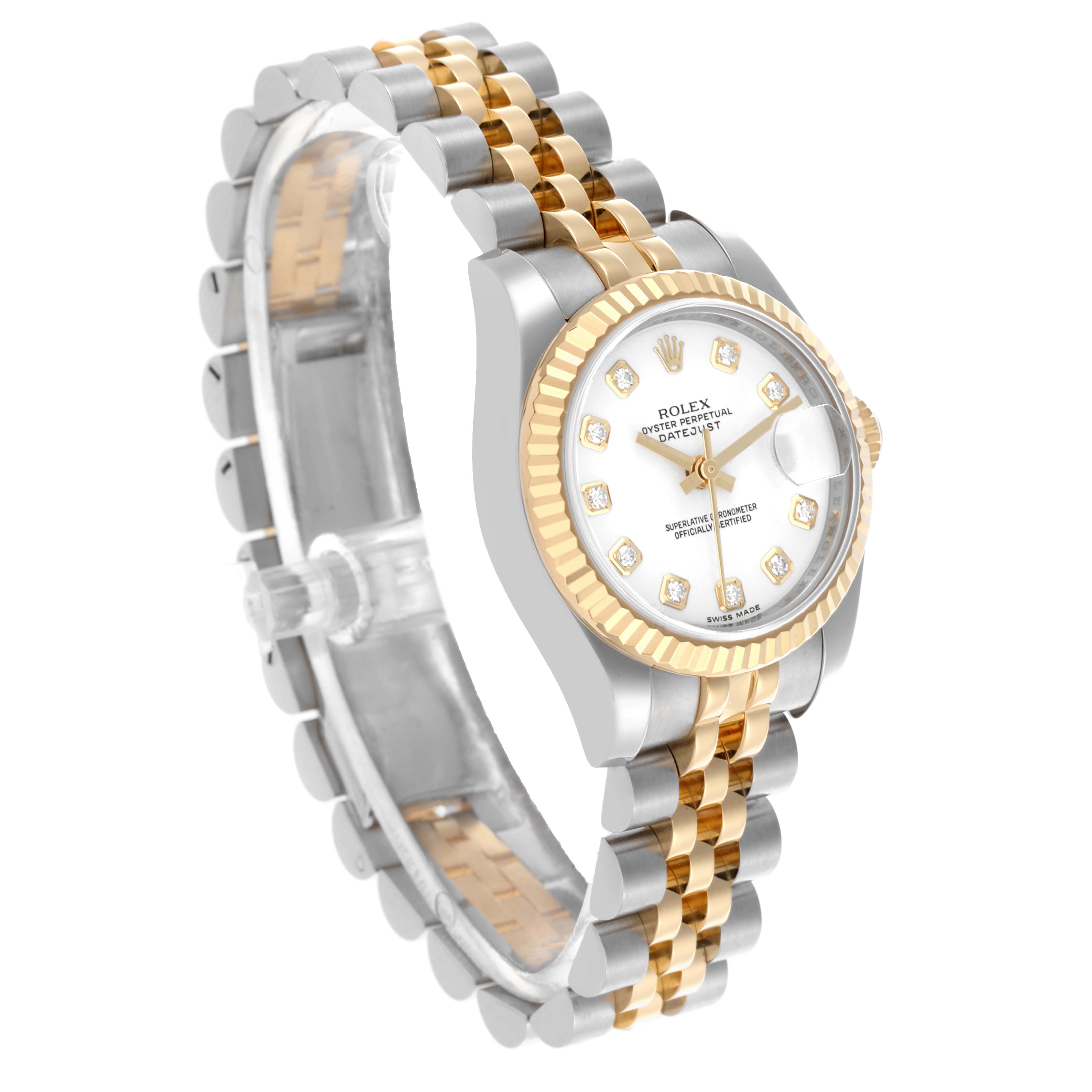 The Rolex Datejust 179173 Women
s Steel and Gold (two tone) White Dial 179173 Women
s Steel and Gold (two tone) White Dial watch is shown at a three-quarter angle, highlighting the face, fluted bezel, and two-tone jubilee bracelet.