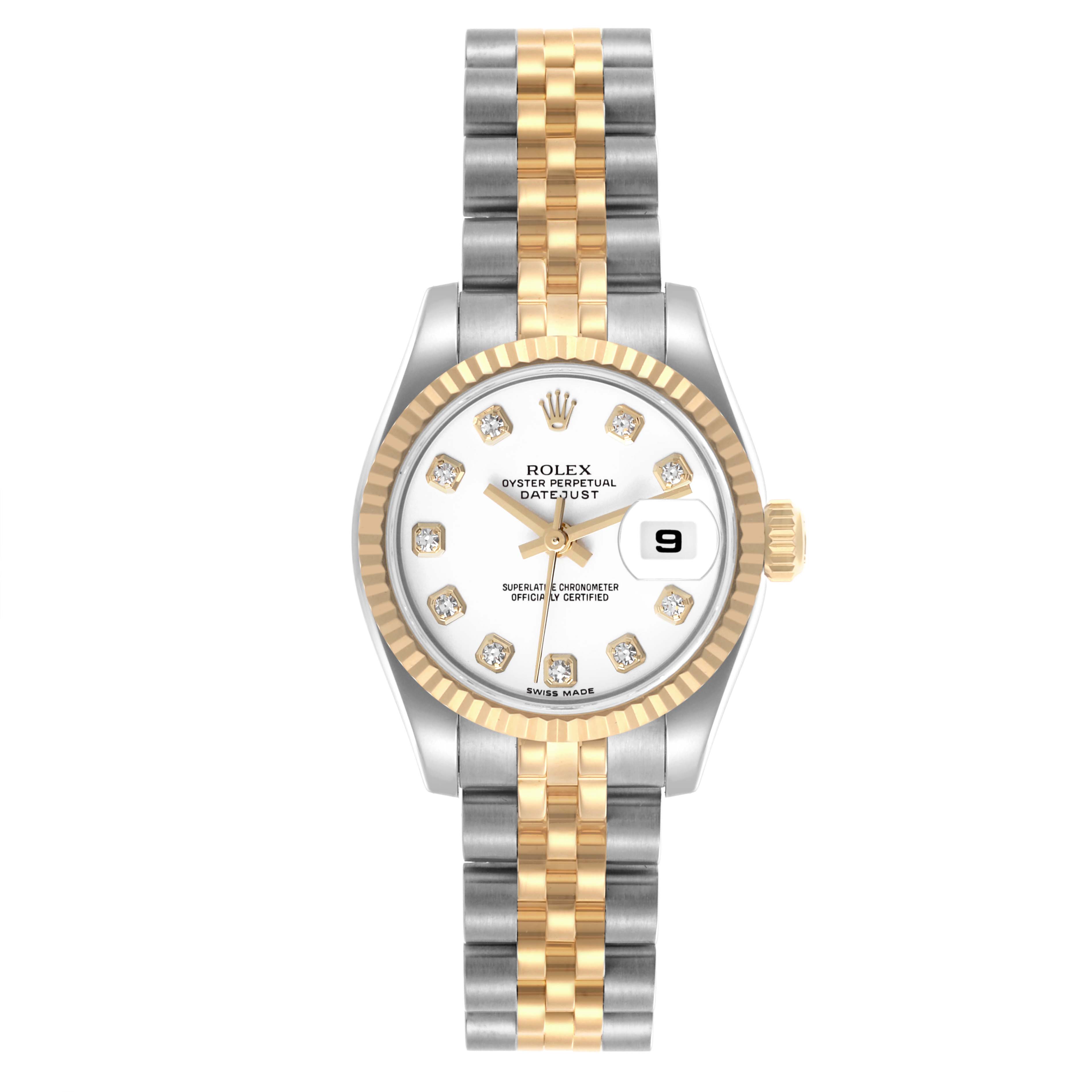 The Rolex Datejust 179173 Women
s Steel and Gold (two tone) White Dial 179173 Women
s Steel and Gold (two tone) White Dial watch is shown from a top-down angle, highlighting its bracelet, bezel, dial, and crown.