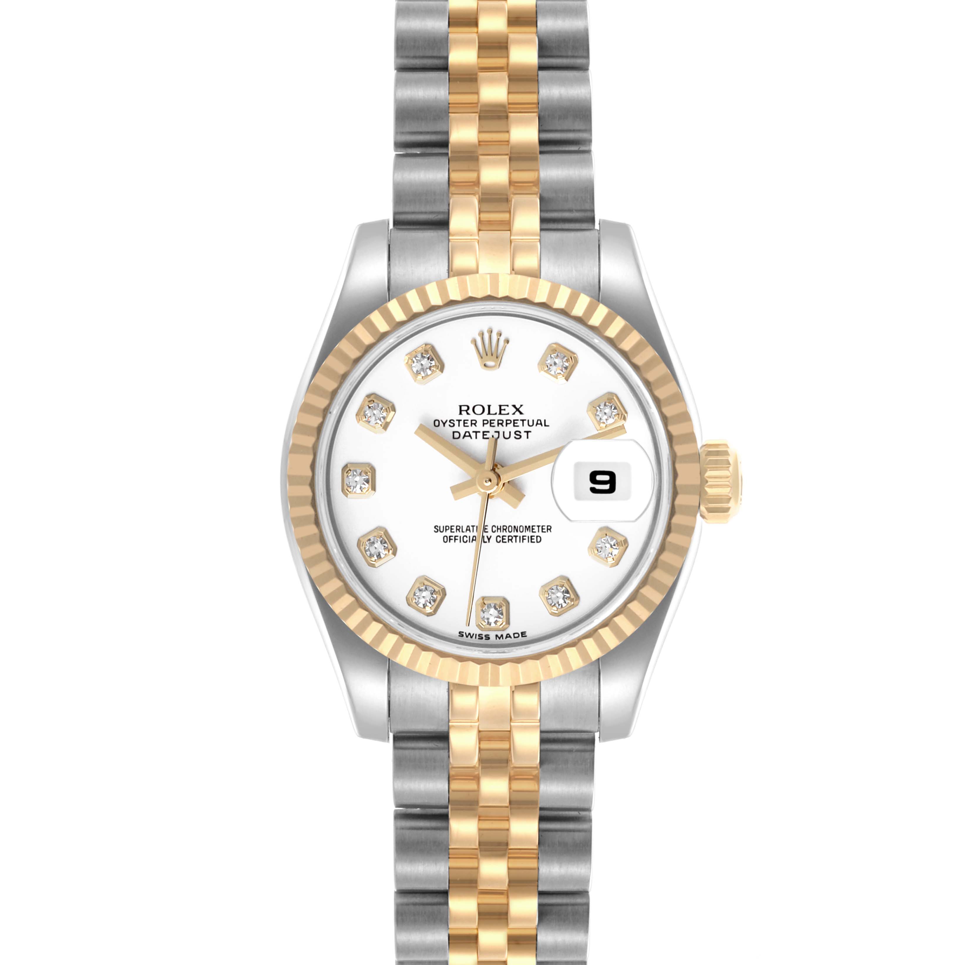 The Rolex Datejust 179173 Women
s Steel and Gold (two tone) White Dial 179173 Women
s Steel and Gold (two tone) White Dial watch is shown from a top view, displaying the dial, fluted bezel, and two-tone bracelet.