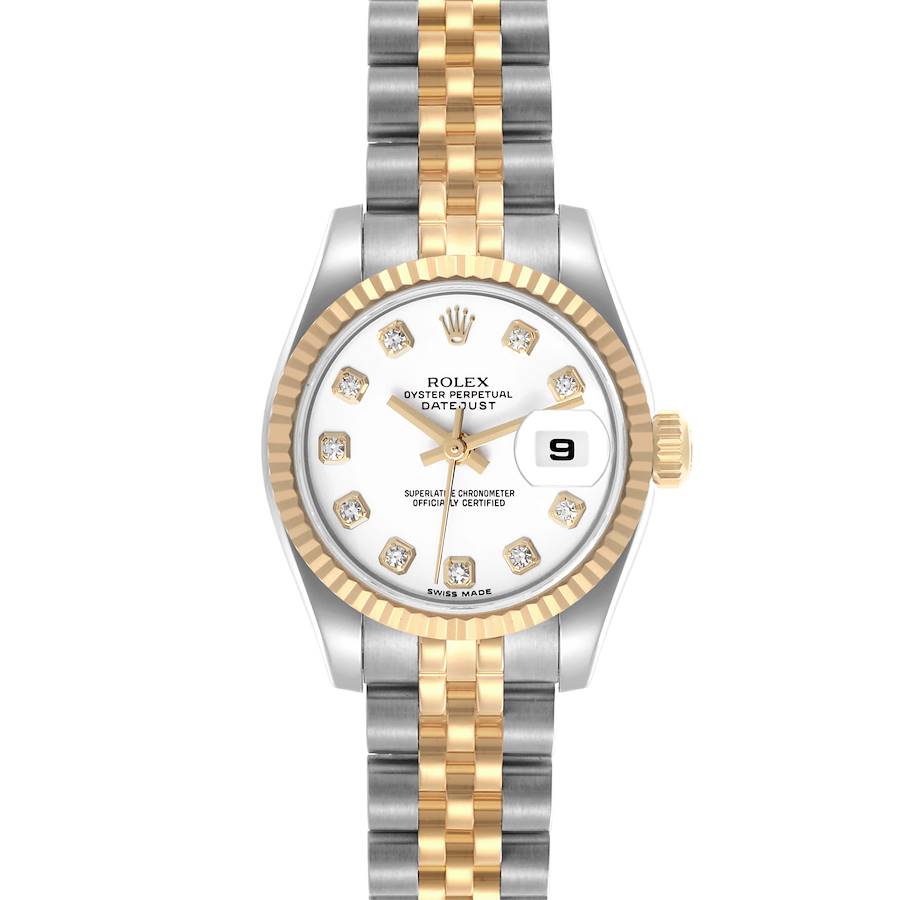 The Rolex Datejust watch is shown from a top view, displaying the dial, fluted bezel, and two-tone bracelet.