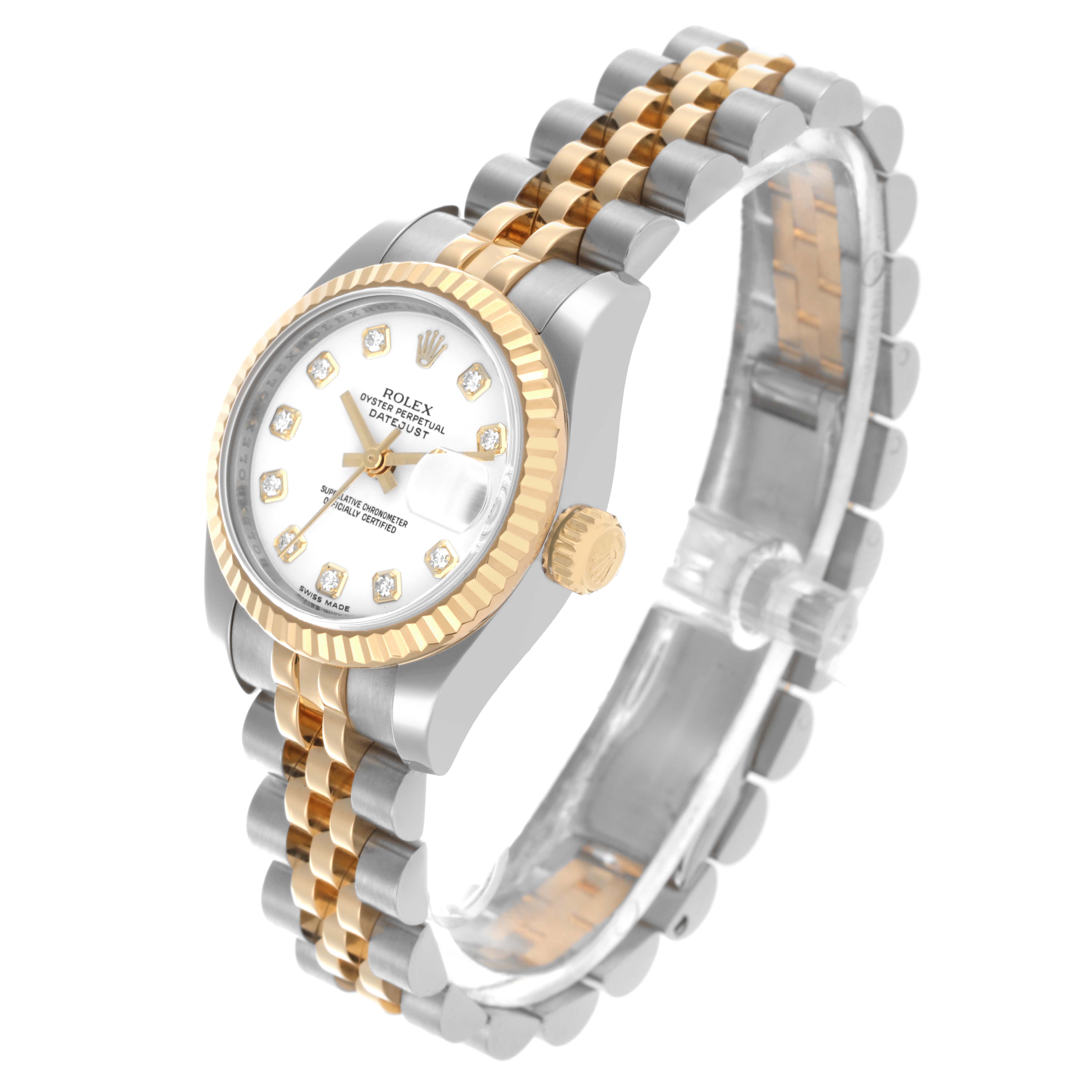The Rolex Datejust 179173 Women
s Steel and Gold (two tone) White Dial 179173 Women
s Steel and Gold (two tone) White Dial watch is shown at a three-quarter angle, highlighting the face, gold bezel, and two-tone bracelet.