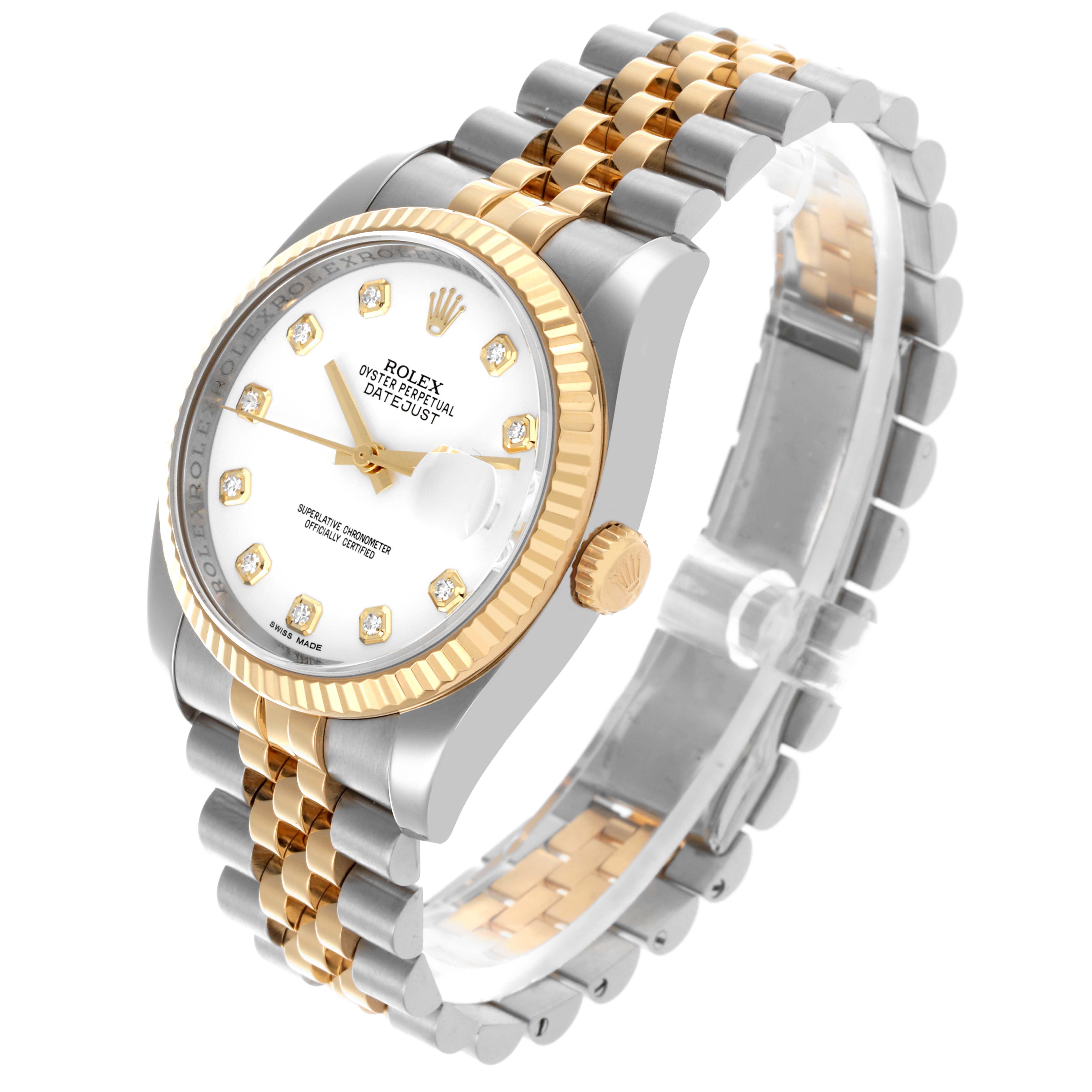 The Rolex Datejust 116233 Men's Steel and Gold (two tone) White Dial 116233 Men's Steel and Gold (two tone) White Dial watch is shown at a three-quarter angle, highlighting the dial, bezel, and two-tone bracelet.