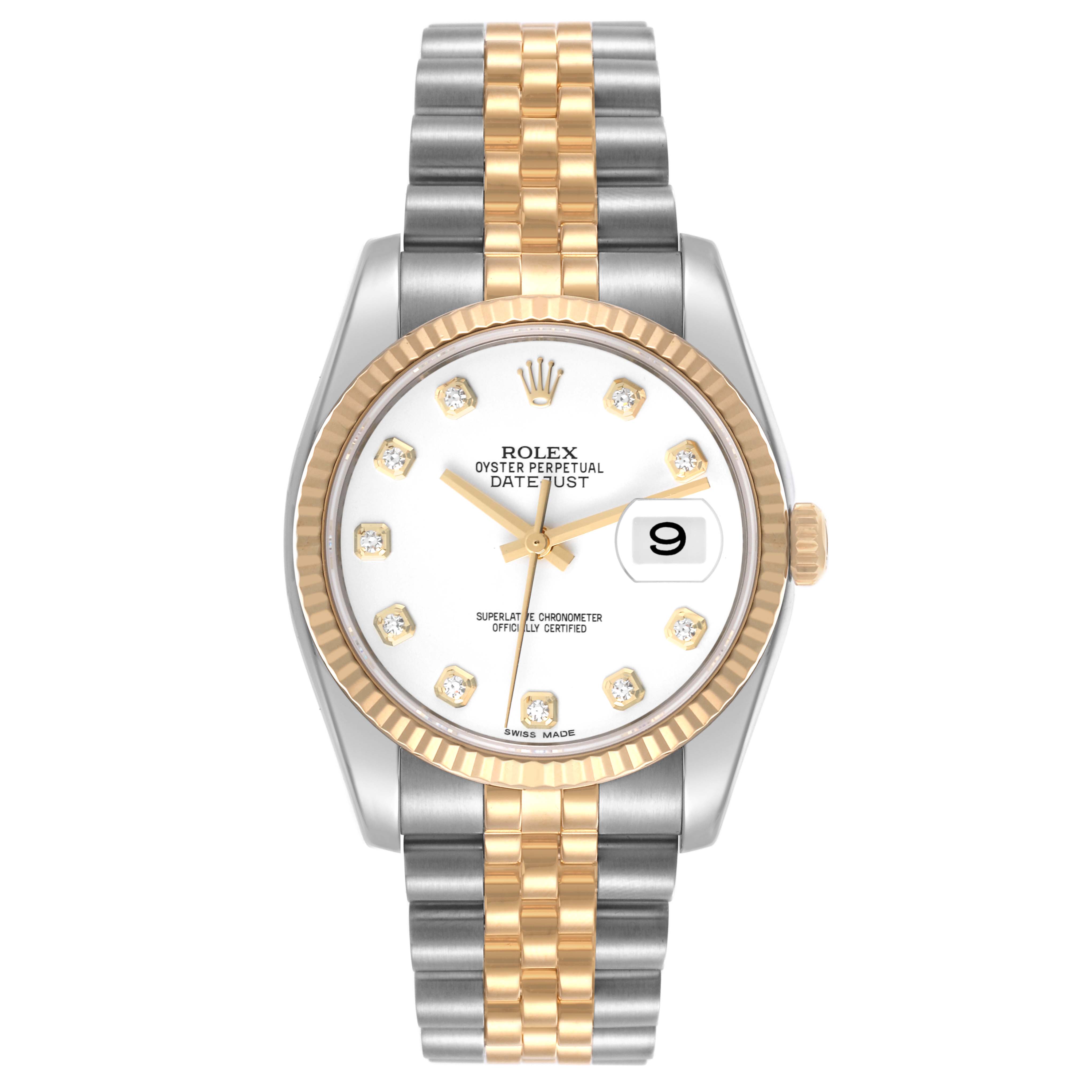 The Rolex Datejust 116233 Men's Steel and Gold (two tone) White Dial 116233 Men's Steel and Gold (two tone) White Dial watch is shown from a front view, highlighting its dial, bezel, and two-tone bracelet.