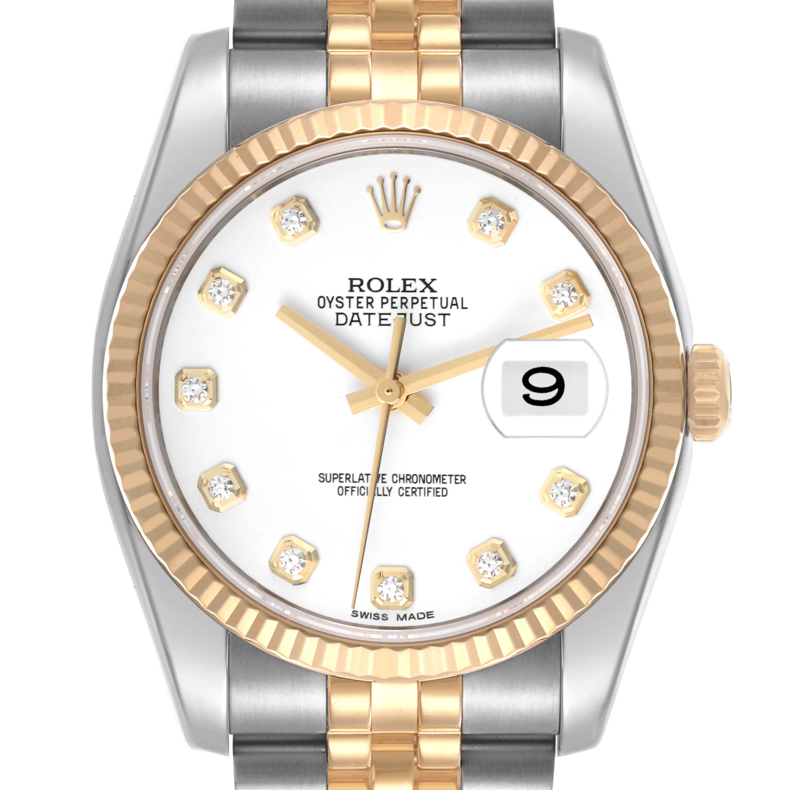 The Rolex Datejust 116233 Men's Steel and Gold (two tone) White Dial 116233 Men's Steel and Gold (two tone) White Dial watch is shown from a front angle, highlighting its dial, bezel, bracelet, and date function.