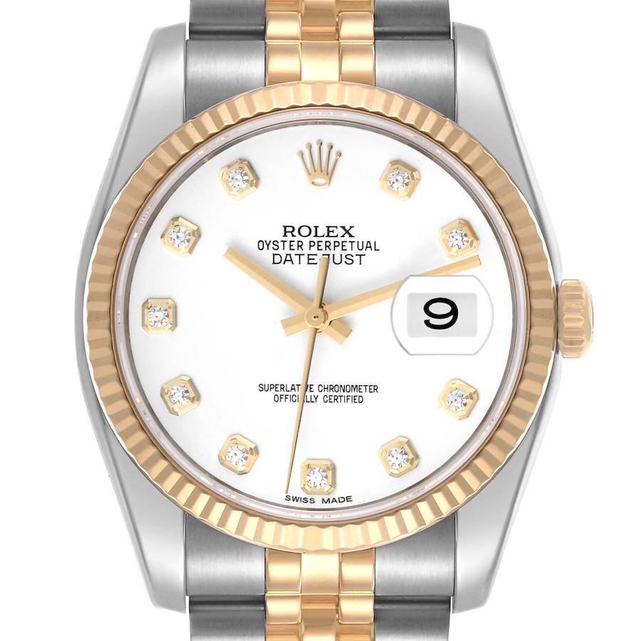 The Rolex Datejust watch is shown from a front angle, highlighting its dial, bezel, bracelet, and date function.