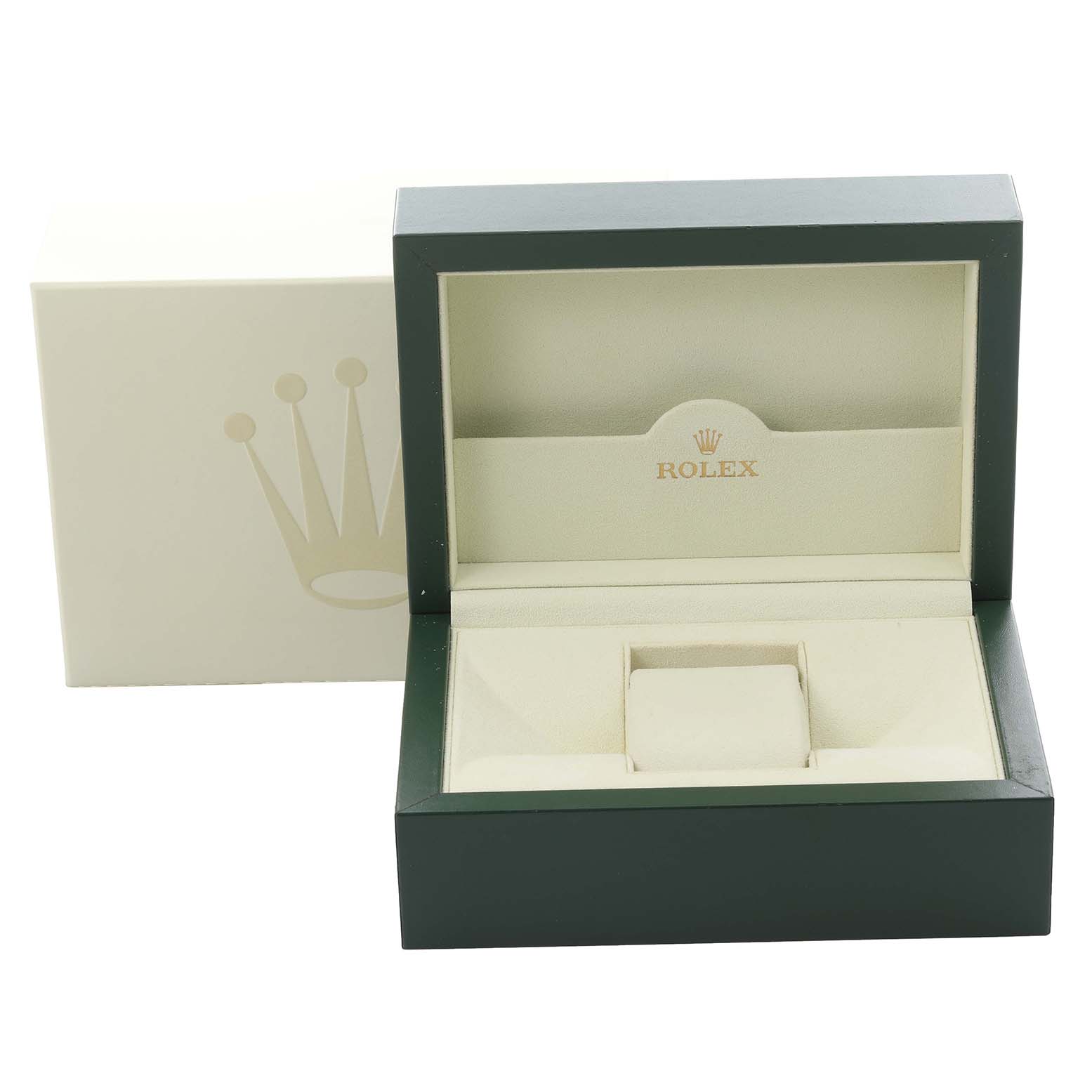 The image shows an open Rolex Datejust 116233 Men's Steel and Gold (two tone) White Dial 116233 Men's Steel and Gold (two tone) White Dial watch box with the lid upright, displaying the brand logo inside.