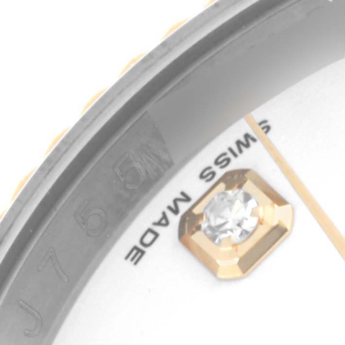 The image shows a close-up of the Rolex Datejust 116233 Men's Steel and Gold (two tone) White Dial 116233 Men's Steel and Gold (two tone) White Dial dial, highlighting the diamond marker and "SWISS MADE" text.