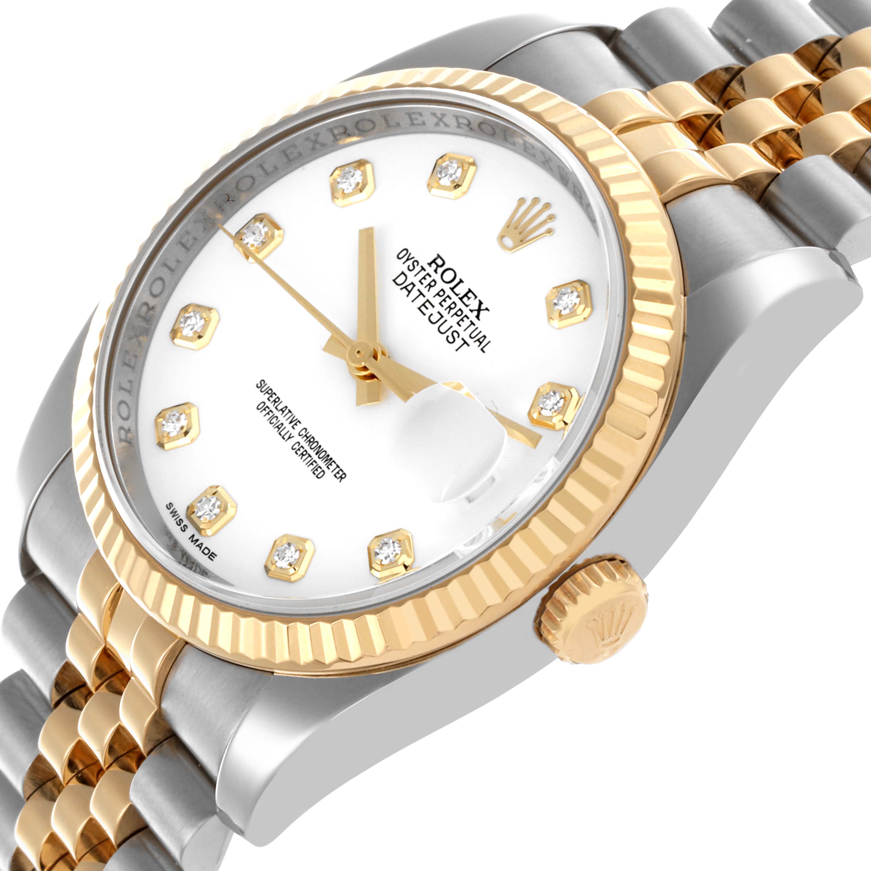 The Rolex Datejust 116233 Men's Steel and Gold (two tone) White Dial 116233 Men's Steel and Gold (two tone) White Dial watch is shown at an angled close-up, displaying the face, fluted bezel, crown, and Jubilee bracelet.