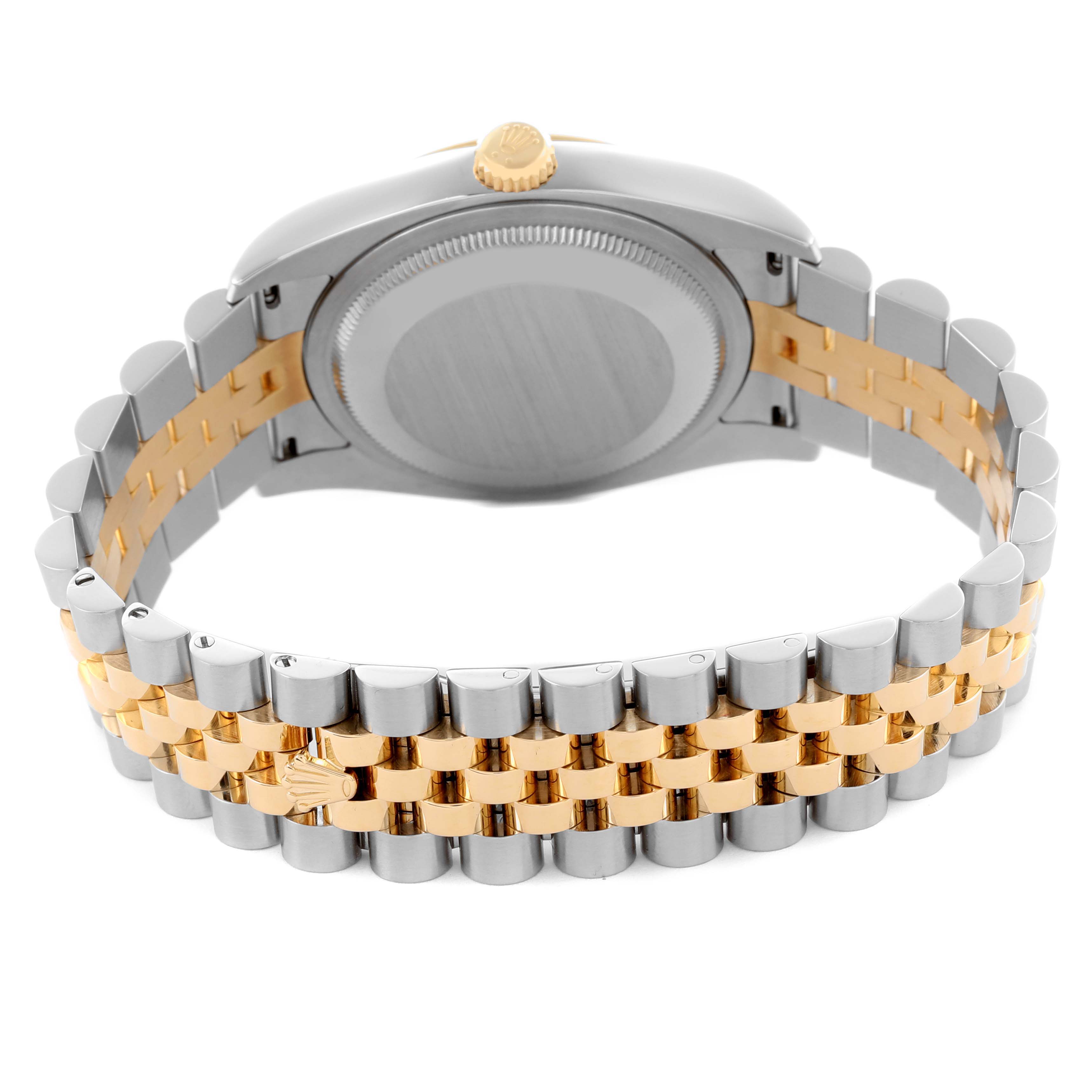 The Rolex Datejust 116233 Men's Steel and Gold (two tone) White Dial 116233 Men's Steel and Gold (two tone) White Dial watch is shown from the back, displaying the case back and Jubilee bracelet with two-tone links.