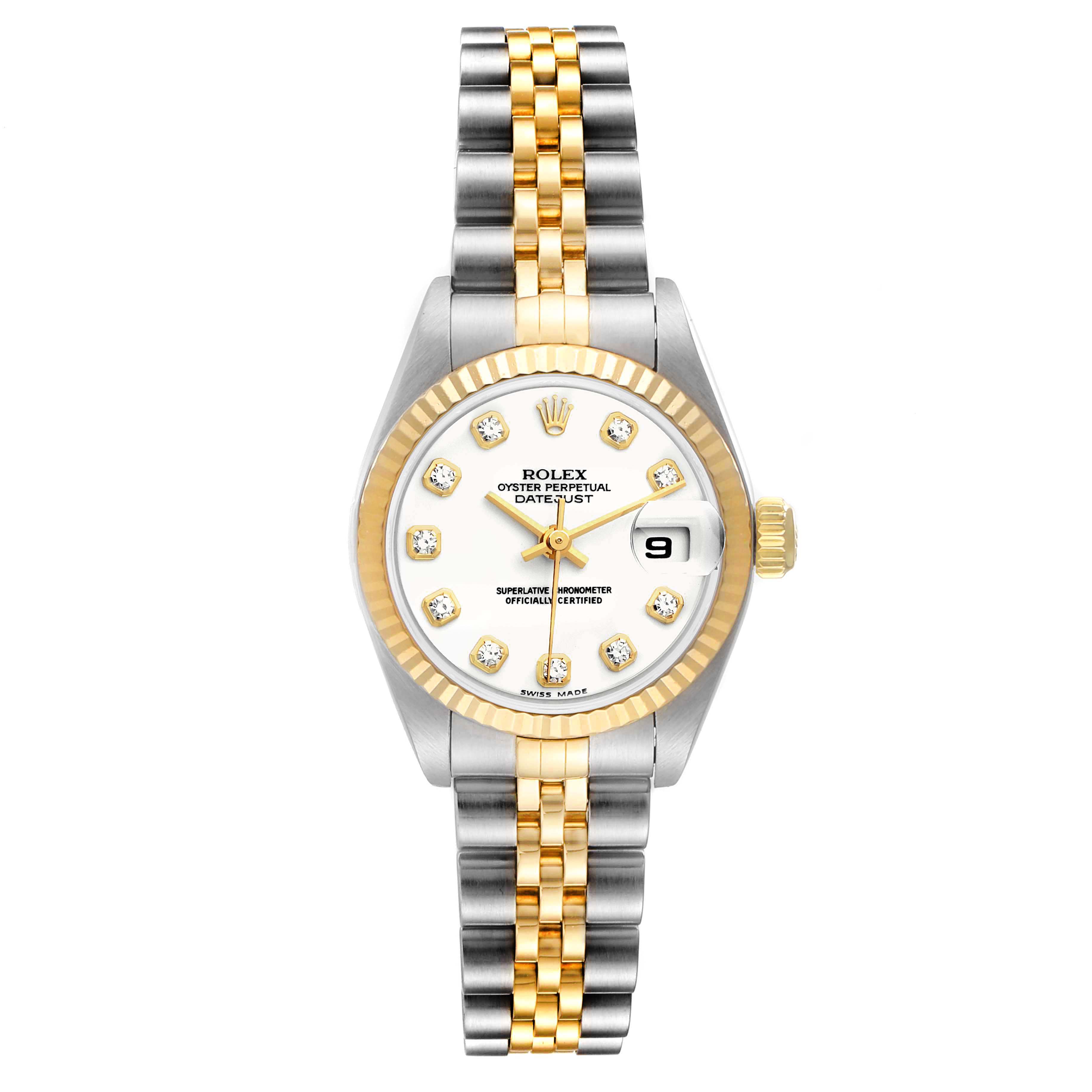 This image shows a front view of a Rolex Datejust 79173 Women's Steel and Gold (two tone) White Dial 79173 Women's Steel and Gold (two tone) White Dial watch with a two-tone bracelet and a white dial featuring diamond hour markers.