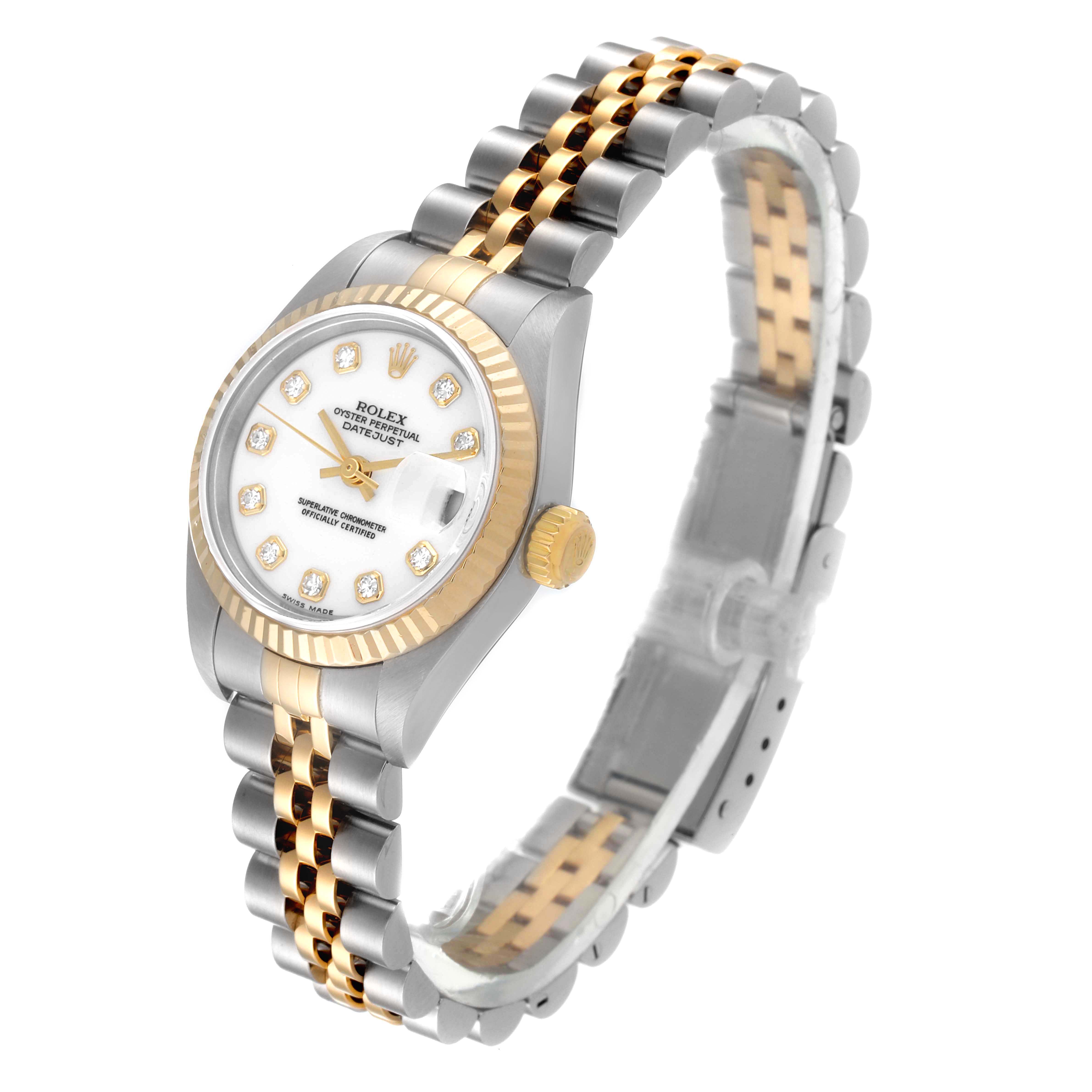 The Rolex Datejust 79173 Women's Steel and Gold (two tone) White Dial 79173 Women's Steel and Gold (two tone) White Dial watch is shown at an angle highlighting its face, bezel, crown, and two-tone bracelet.