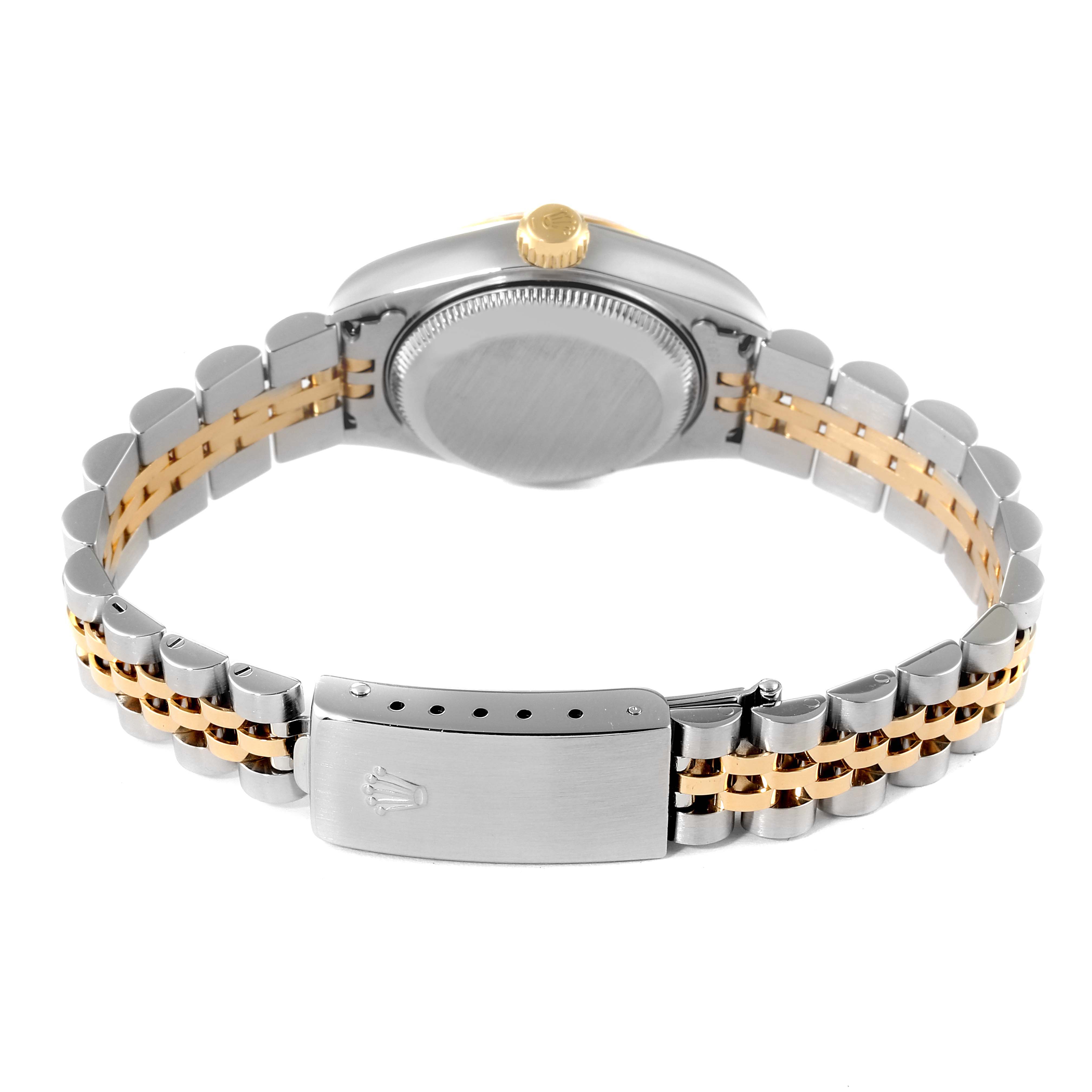 This image shows the back side of a Rolex Datejust 79173 Women's Steel and Gold (two tone) White Dial 79173 Women's Steel and Gold (two tone) White Dial watch, including the clasp, bracelet, and case back.