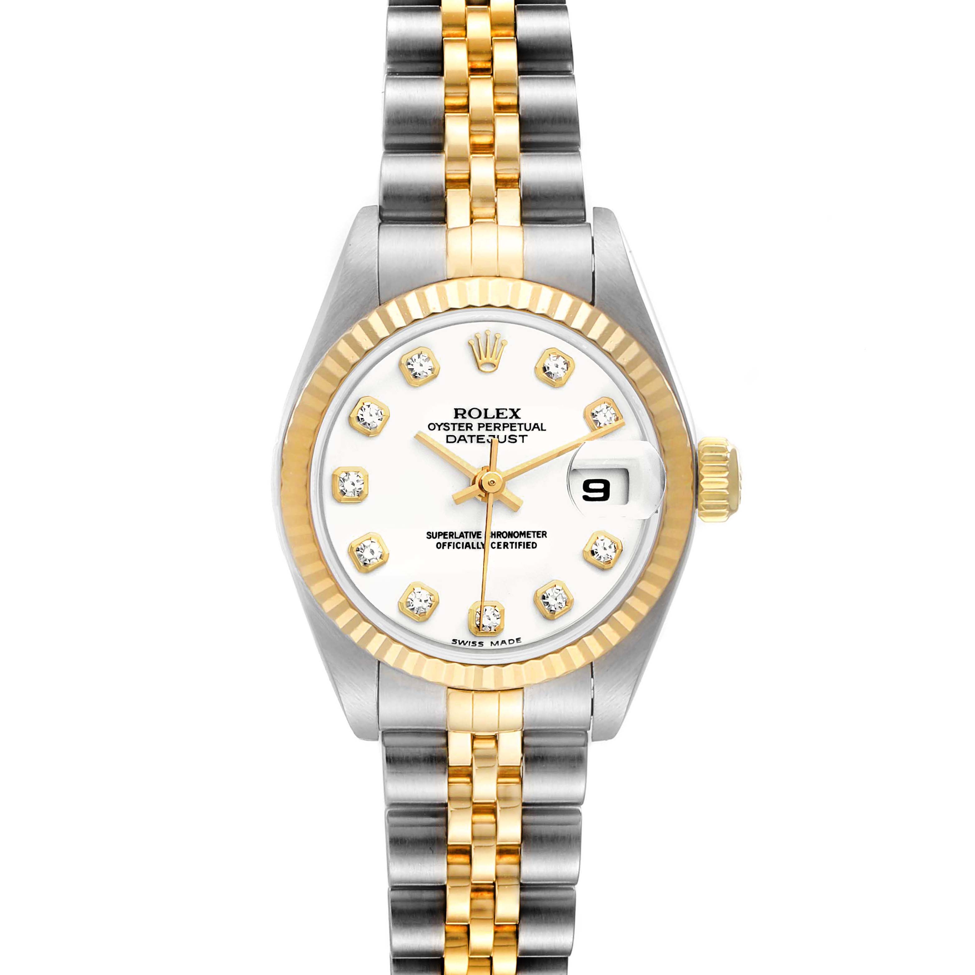 This image shows a Rolex Datejust 79173 Women's Steel and Gold (two tone) White Dial 79173 Women's Steel and Gold (two tone) White Dial watch from a top-down angle, displaying the face, bezel, crown, and bracelet.