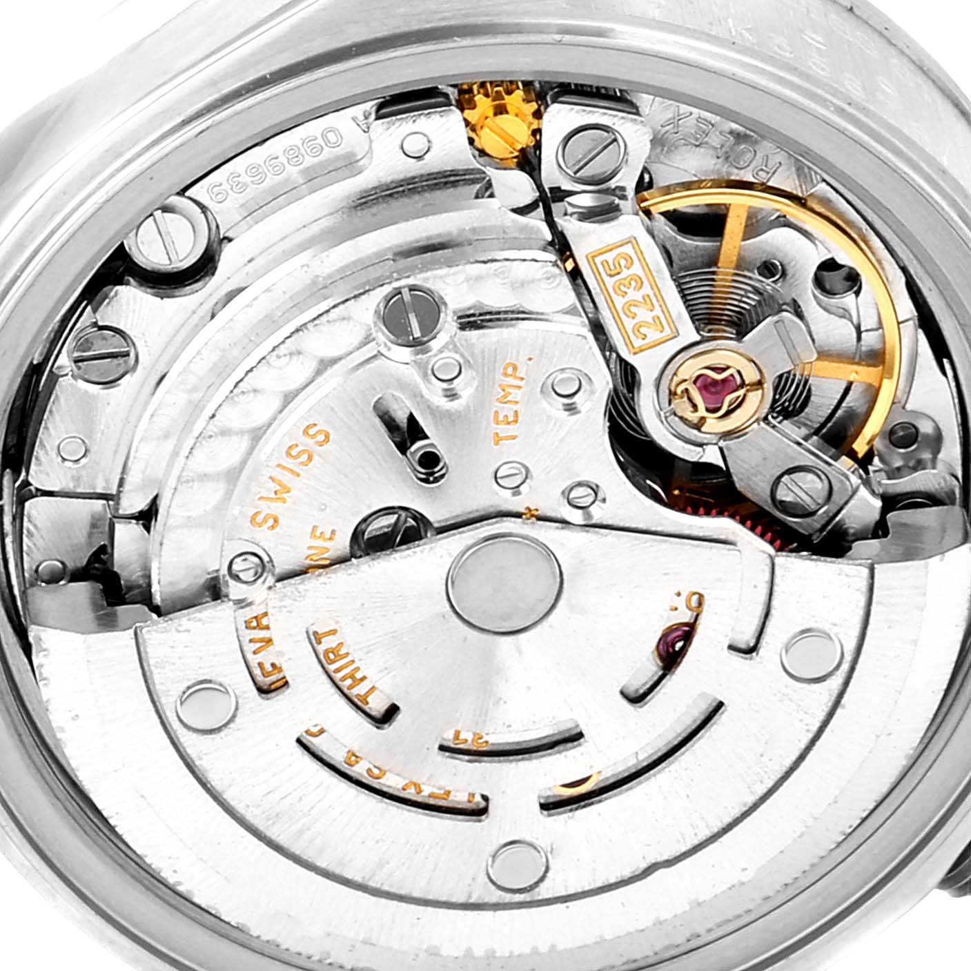 This image shows the internal movement of a Rolex Datejust 79173 Women's Steel and Gold (two tone) White Dial 79173 Women's Steel and Gold (two tone) White Dial watch, viewed from the back.