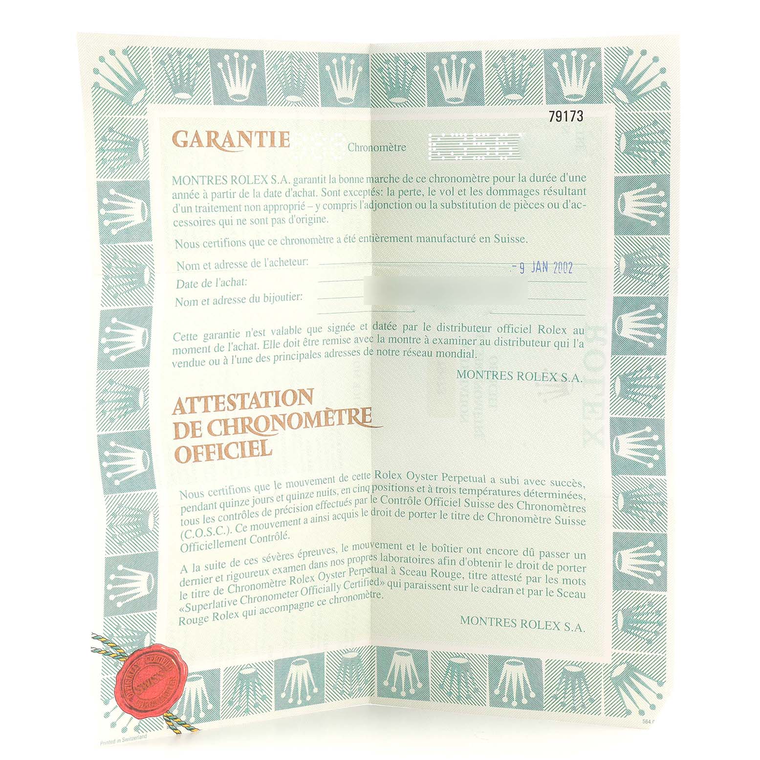 The image shows a warranty and official chronometer certification document for a Datejust model by Rolex.