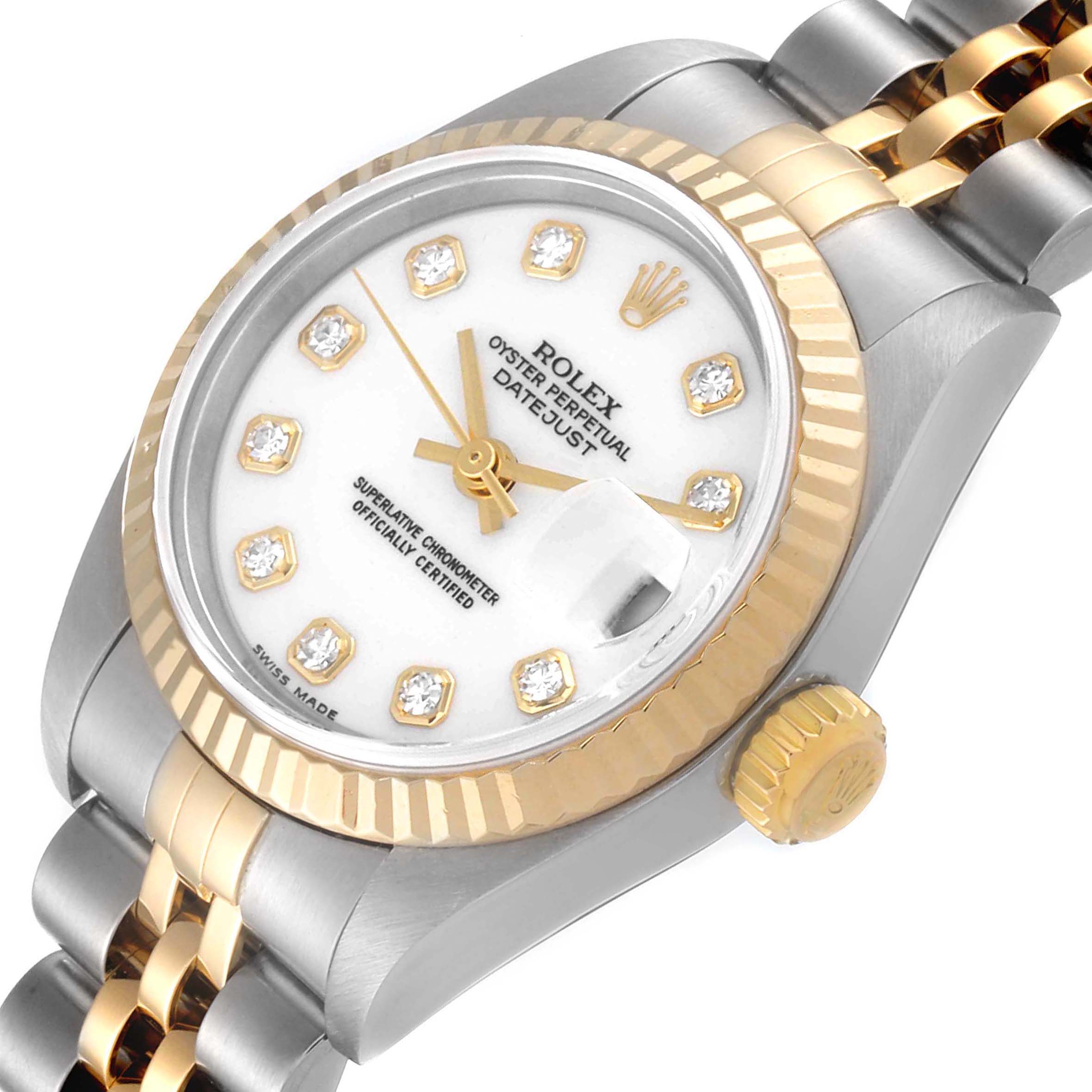 This image shows a Rolex Datejust 79173 Women's Steel and Gold (two tone) White Dial 79173 Women's Steel and Gold (two tone) White Dial watch from a slightly tilted angle, highlighting the dial, bezel, and crown.