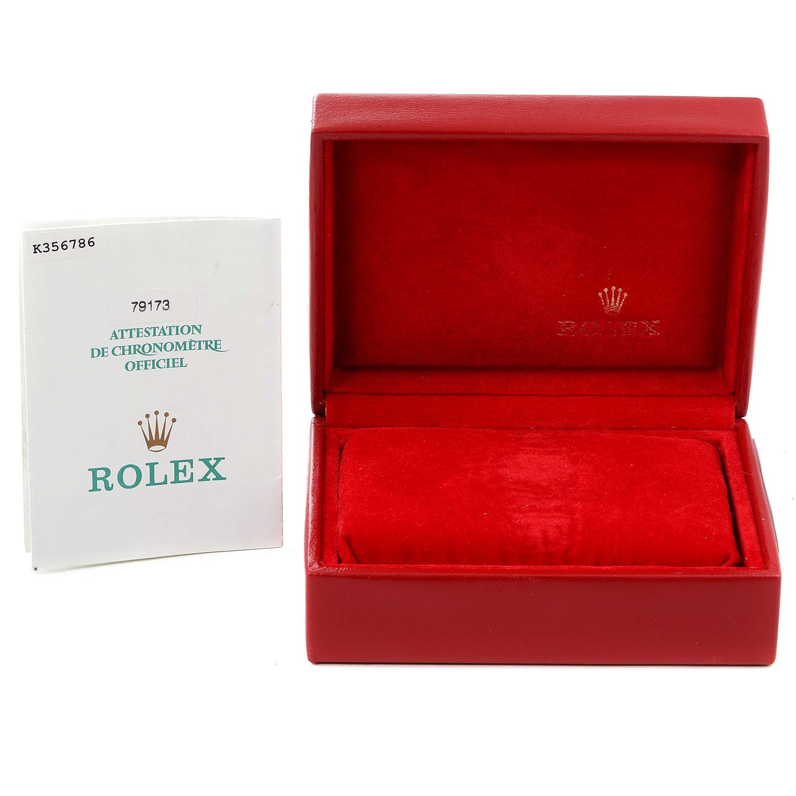 This image shows an open red Rolex Datejust 79173 Women's Steel and Gold (two tone) White Dial 79173 Women's Steel and Gold (two tone) White Dial watch box and an official chronometer certification booklet.